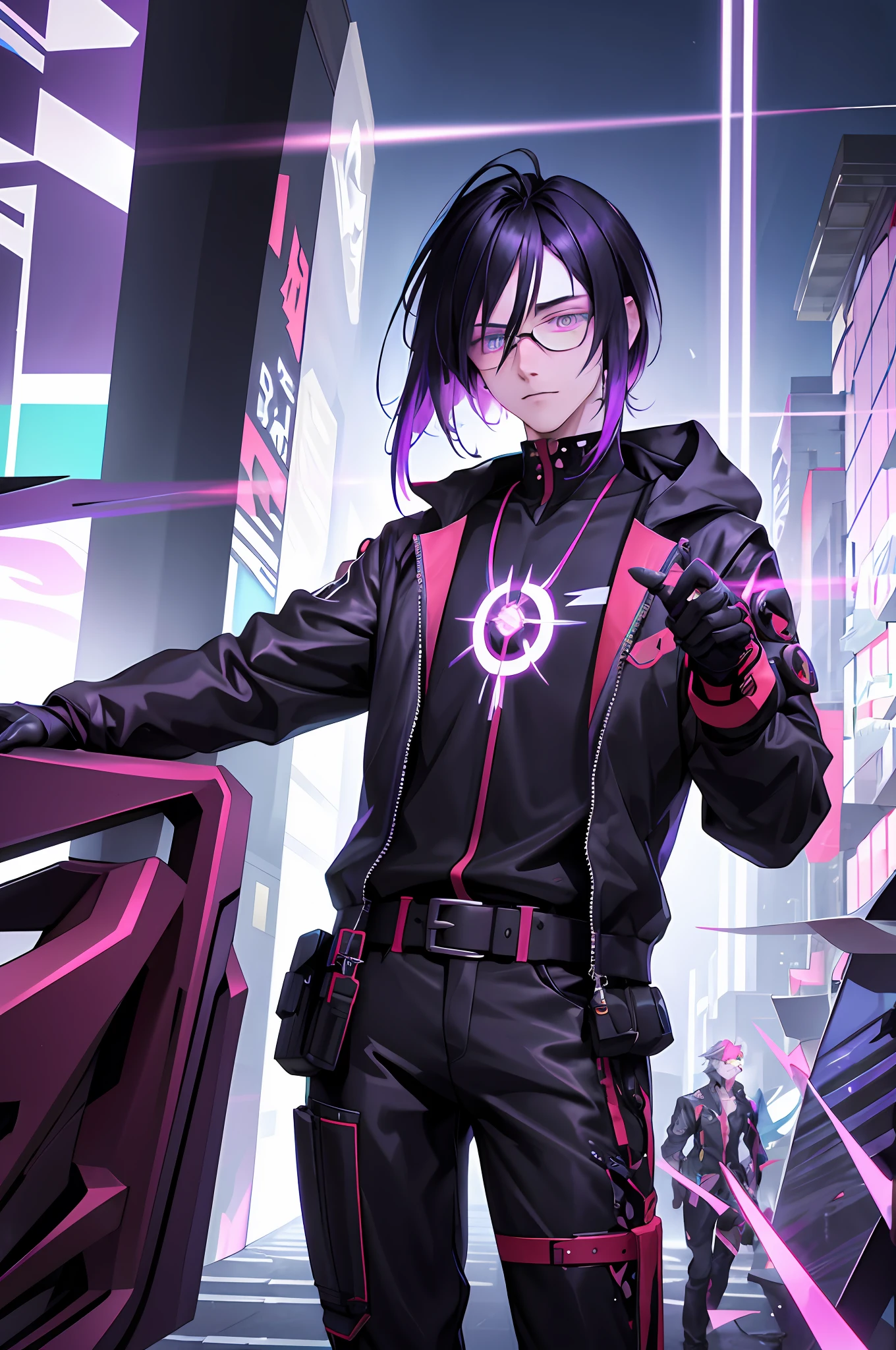 In the sprawling cyberpunk city of NeoTokyo, an enigmatic vampire boy named Kieran captivates all who encounter him. At 18 years old, he possesses an alluring presence and a mysterious aura that draws the attention of both humans and cyborgs alike. With his highly detailed appearance and haunting gaze, Kieran navigates the neon-lit streets, weaving through the ever-evolving tapestry of this futuristic metropolis.
Kieran's hair is a mesmerizing blend of black, white, and vibrant shades of purple. His locks cascade down his shoulders in a carefully tousled manner, capturing the essence of the cyberpunk aesthetic. The ebony strands are interwoven with ethereal streaks of ivory white and electrifying hues of purple, creating a captivating visual symphony. As the neon lights of NeoTokyo reflect off his hair, it casts a soft glow, adding to his ethereal presence.
Adorning Kieran's sharp features are sleek, high-tech glasses that seamlessly blend style and functionality. The frames, crafted from polished titanium alloy, showcase intricate circuitry patterns delicately inlaid with neon purple accents. These glasses not only enhance his appearance but also provide advanced augmented reality capabilities. The lenses overlay a digital display that grants Kieran real-time information, allowing him to perceive the cybernetic cityscape in a heightened state of awareness.
Kieran's eyes possess an undeniable magnetism. One eye glows with a piercing crimson red, radiating an intensity that hints at his vampiric nature. The other eye, however, bears the mark of corruption—a swirling vortex of darkness intertwined with shattered cybernetics. It grants him a foreboding and unsettling aura, signifying the convergence of power and decay within him. The mismatched eyes create a captivating contrast, reflecting his inner turmoil and the complexities of his existence.
His attire embodies the edgy style of the cyberpunk era while exuding elegance. Kieran adorns himself in a form-fitting,
