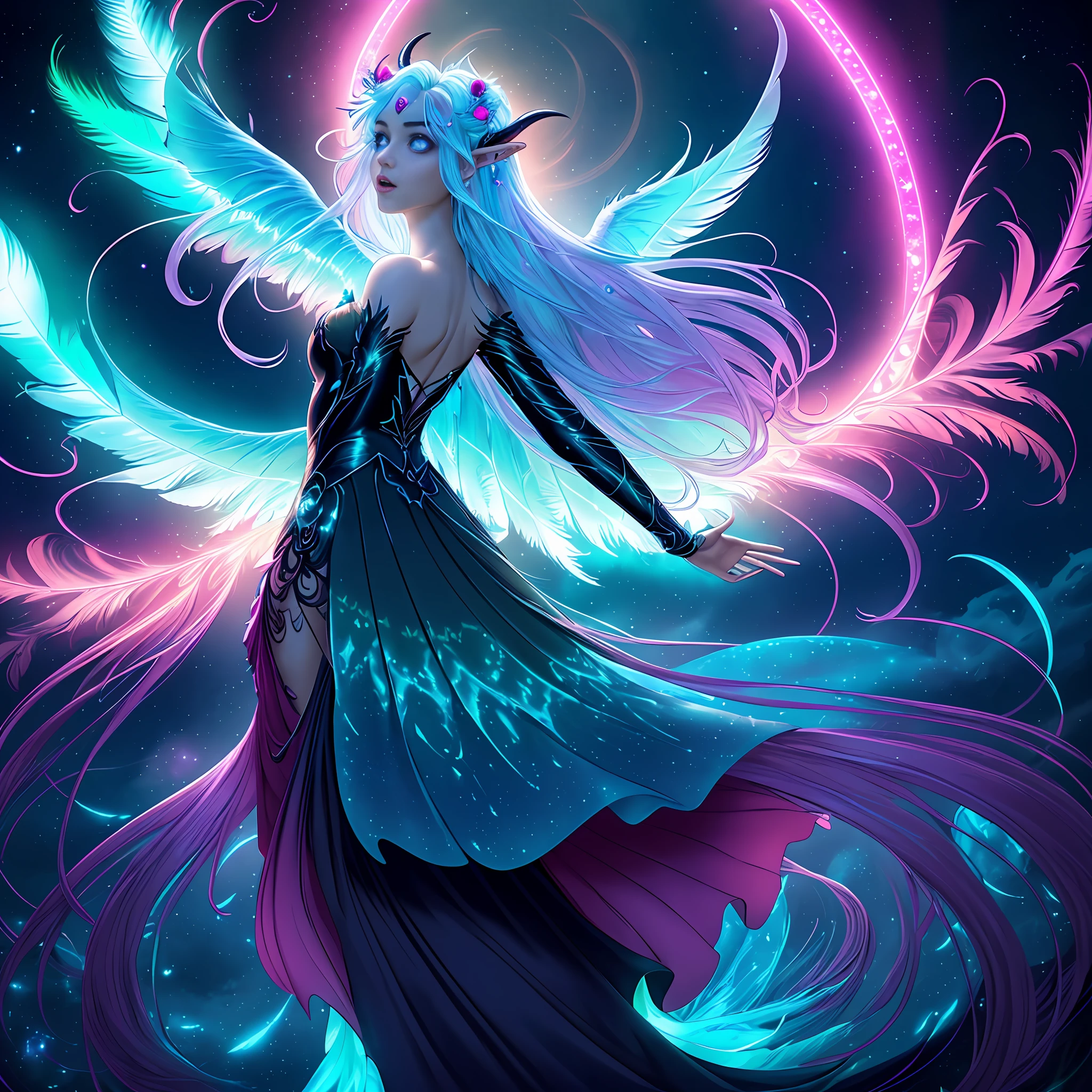 ((best quality)), ((masterpiece)), ((realistic)), full body portrait, {tanned skin}, {lillith}, 1girl, (((celestial))), deity, {devil horns}, {delicate and beautiful gothic ball gown}, {teifling goddess}, light particles, halo, looking at viewer, (bioluminescent:0.95) ocean, bioluminescent, piercing glare, celestial bioluminescent eyes, vibrant, (((colourful))), color, (glowing, glow), (beautiful composition), cinematic lighting, intricate, (symmetrical:0.5), whimsical, {fisheye lens}, ((angle from behind)), (((corrupted celestial feathers falling in background))), ((hair flowing in the wind)), ((age 24)), ahegao, (((age 32 face))), ((slender delicate face)), ((open arms welcoming)), ((seductive plot))