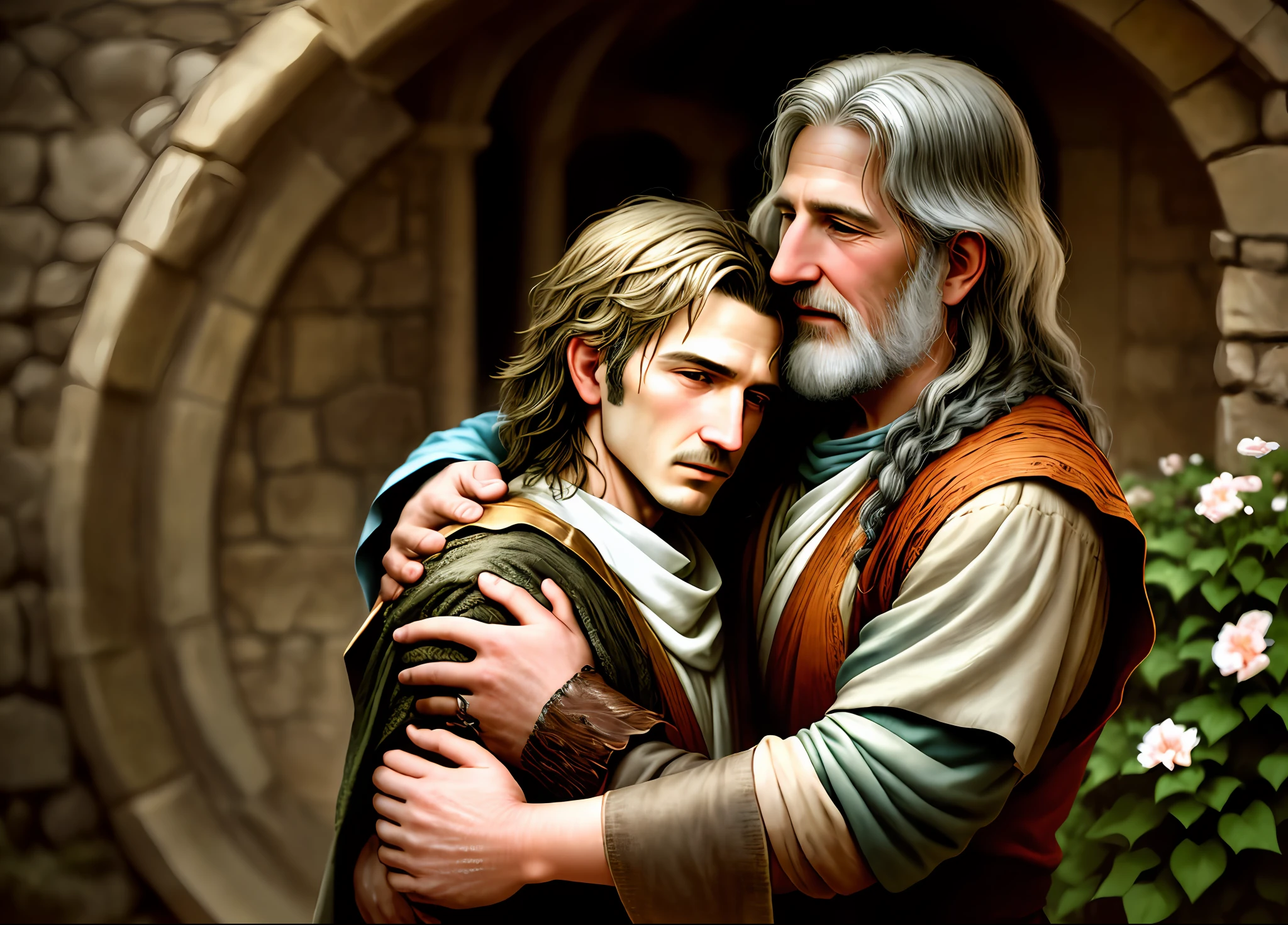 professional portrait photograph of the prodigal son hugging his old father, they are in weathered Biblical-era clothing, in the garden