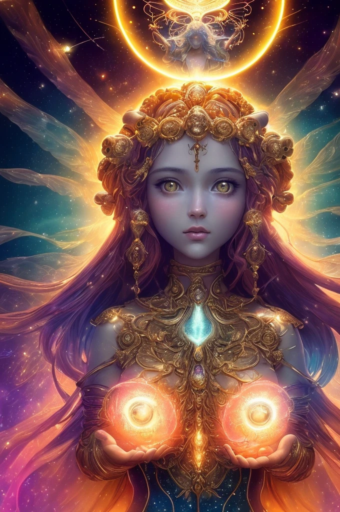 ((best quality)), ((masterpiece)), ((realistic)), portrait, 1girl, celestial, deity, goddess, light particles, halo, looking at viewer, (bioluminescent:0.95) flame, bioluminescence, phoenix, Vibrant, Colorful, Color, (Glow, Glow), (Beautiful Composition), Cinematic Lights, Intricate, (Symmetry: 0.5), Whimsical, Alien Planet