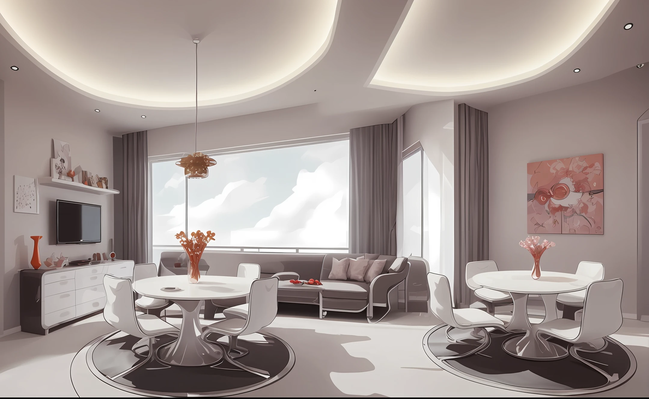 Cute cartoon style home, living room, dining table, futuristic style