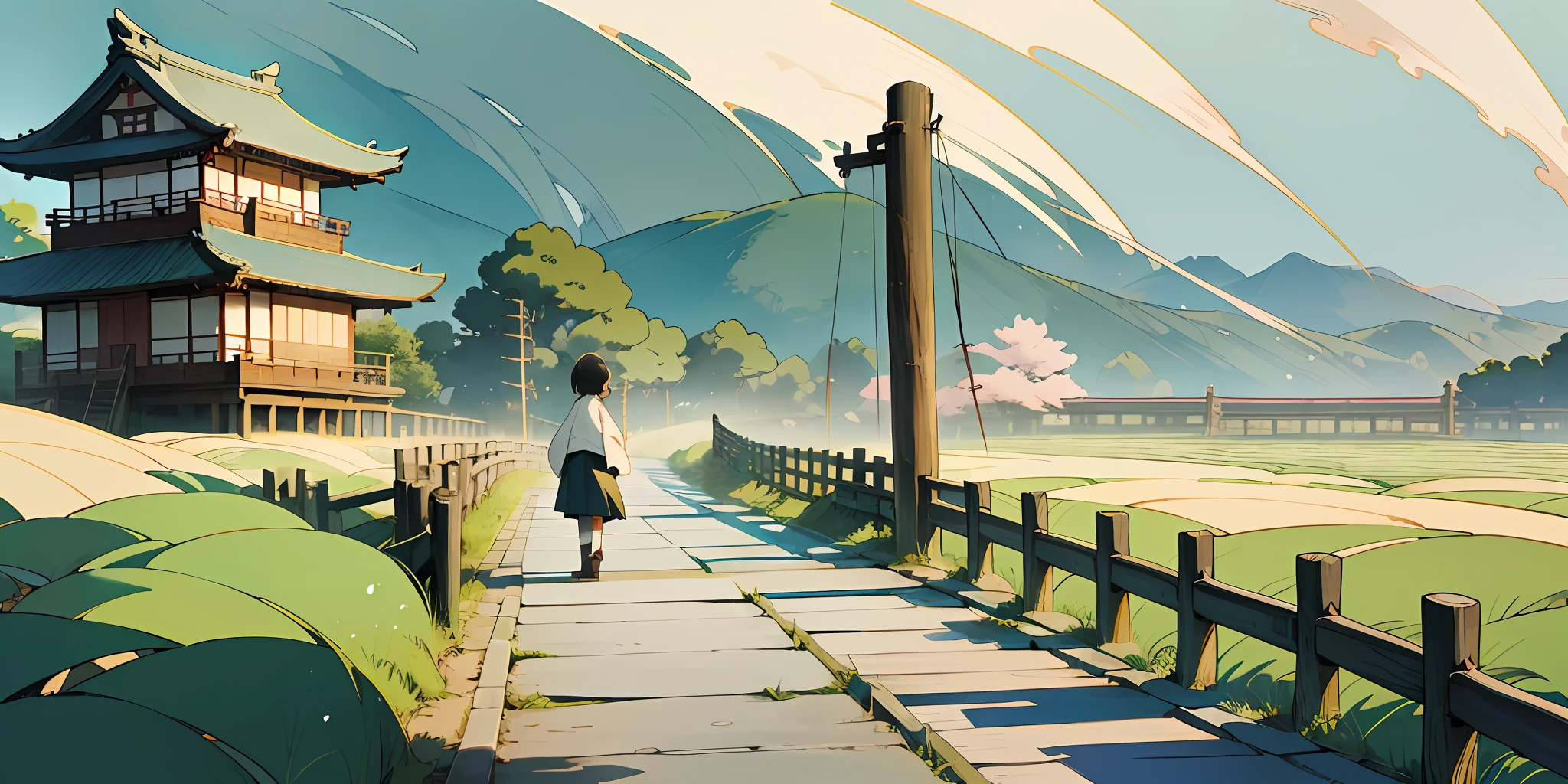 (Japanese Landscape), (Hayao Miyazaki Style), (Japanese Manga, Scenery Photo, Tranquil Video), (Little Girl, Country Road, Japanese Ancient Architecture), Gradient Color, Soft Palette, Layered Sense, Ethereal style, mobile wallpaper, 8k, UHD, 4K, --v6