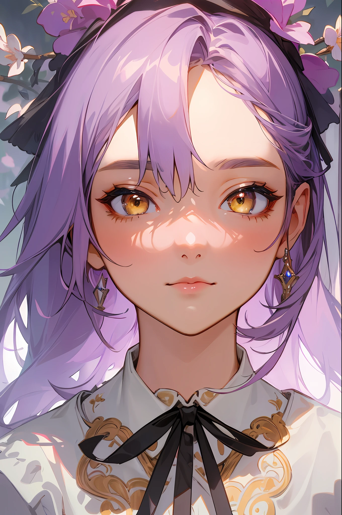 (High-Res Beauty - Masterpiece, Pretty Face, Neck Ribbon) Immerse yourself in the breathtaking beauty of a high-resolution artwork that embodies the essence of a masterpiece. This composition features a girl with long lilac hair (1.3), enchanting yellow eyes (1.2), a pretty face, and a delicate neck ribbon (1.5). The intricately detailed rendering and flawless execution captivate the viewer, while the high resolution brings out the subtle nuances and textures. Prepare to be captivated by this extraordinary display of artistry and attention to detail.