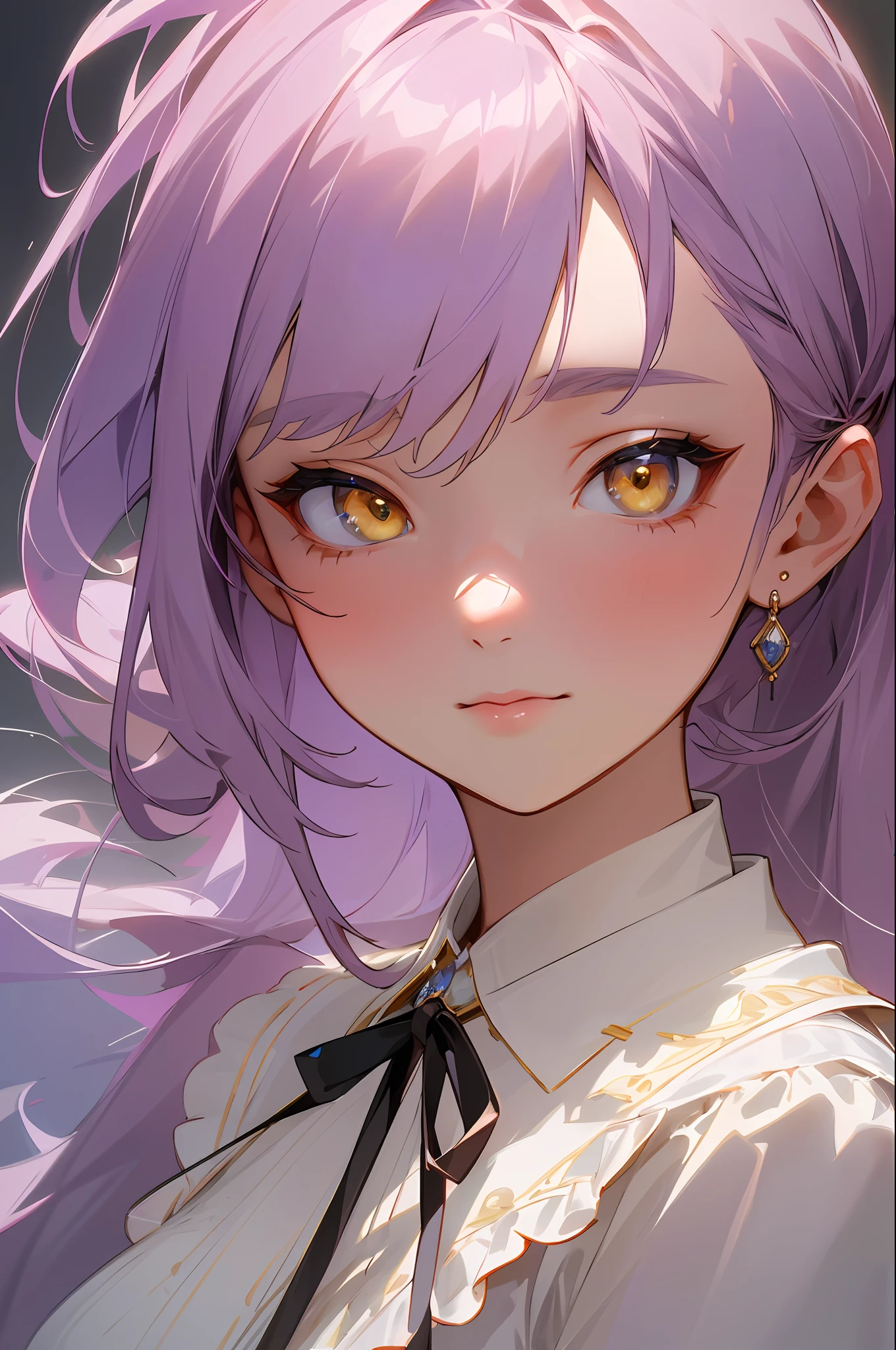 (High-Res Beauty - Masterpiece, Pretty Face, Neck Ribbon) Immerse yourself in the breathtaking beauty of a high-resolution artwork that embodies the essence of a masterpiece. This composition features a girl with long lilac hair (1.3), enchanting yellow eyes (1.2), a pretty face, and a delicate neck ribbon (1.5). The intricately detailed rendering and flawless execution captivate the viewer, while the high resolution brings out the subtle nuances and textures. Prepare to be captivated by this extraordinary display of artistry and attention to detail.