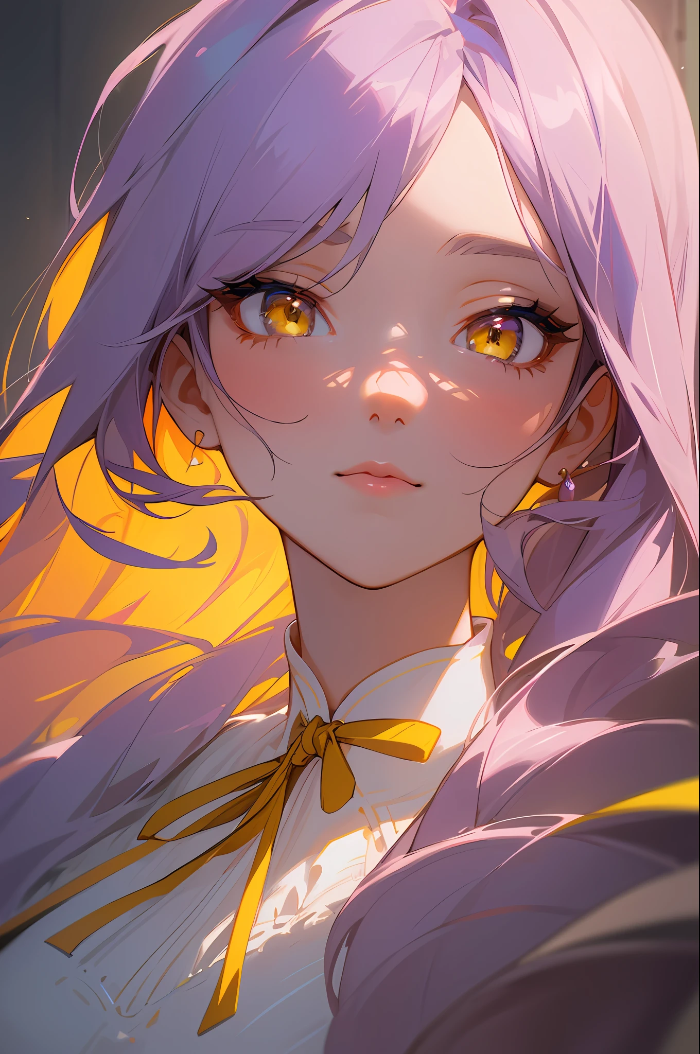(High-Res Beauty - Masterpiece, Pretty Face, Neck Ribbon) Immerse yourself in the breathtaking beauty of a high-resolution artwork that embodies the essence of a masterpiece. This composition features a girl with long lilac hair (1.3), enchanting yellow eyes (1.2), a pretty face, and a delicate neck ribbon (1.5). The intricately detailed rendering and flawless execution captivate the viewer, while the high resolution brings out the subtle nuances and textures. Prepare to be captivated by this extraordinary display of artistry and attention to detail.