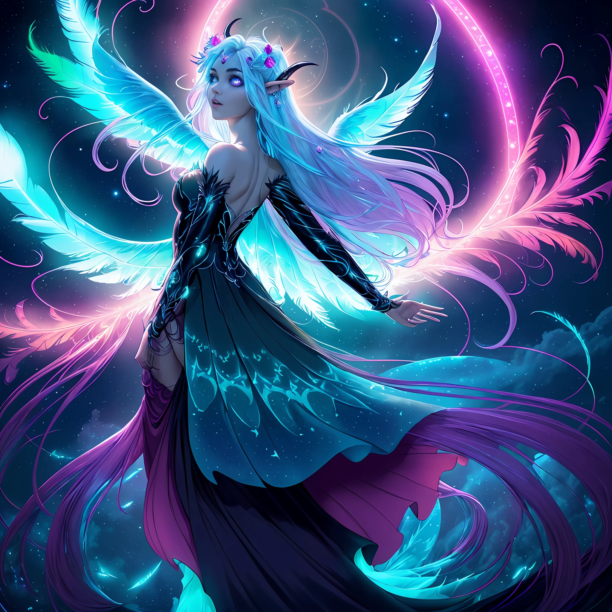 ((best quality)), ((masterpiece)), ((realistic)), full body portrait, {tanned skin}, {lillith}, 1girl, (((celestial))), deity, {devil horns}, {delicate and beautiful gothic ball gown}, {teifling goddess}, light particles, halo, looking at viewer, (bioluminescent:0.95) ocean, bioluminescent, piercing glare, celestial bioluminescent eyes, vibrant, (((colourful))), color, (glowing, glow), (beautiful composition), cinematic lighting, intricate, (symmetrical:0.5), whimsical, {fisheye lens}, ((angle from behind)), (((corrupted celestial feathers falling in background))), ((hair flowing in the wind)), ((age 24)), ahegao, (((age 32 face))), ((slender delicate face)), ((hands frantically reaching toward viewer)), ((seductive plot)), (((psychotic:evil expression)))