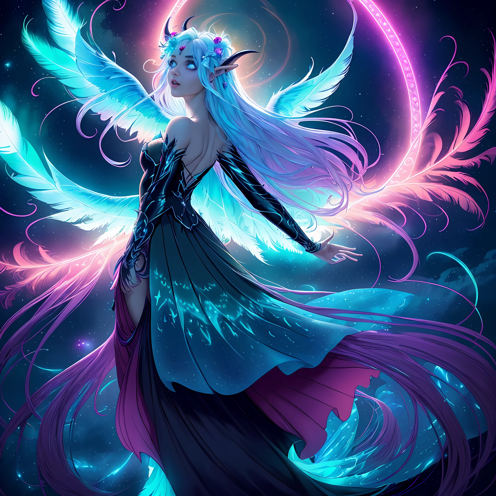 ((best quality)), ((masterpiece)), ((realistic)), full body portrait, {tanned skin}, {lillith}, 1girl, (((celestial))), deity, {devil horns}, {delicate and beautiful gothic ball gown}, {teifling goddess}, light particles, halo, looking at viewer, (bioluminescent:0.95) ocean, bioluminescent, piercing glare, celestial bioluminescent eyes, vibrant, (((colourful))), color, (glowing, glow), (beautiful composition), cinematic lighting, intricate, (symmetrical:0.5), whimsical, {fisheye lens}, ((angle from behind)), (((corrupted celestial feathers falling in background))), ((hair flowing in the wind)), ((age 24)), ahegao, (((age 32 face))), ((slender delicate face)), ((hands frantically reaching toward viewer)), ((seductive plot)), (((psychotic:evil expression)))