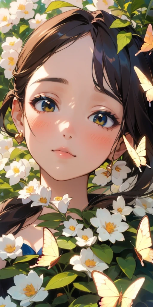 (best quality, masterpiece, ultra-realistic), portrait of 1 beautiful and delicate girl, with a soft and peaceful expression, the background scenery is a garden with flowering bushes and butterflies flying around.