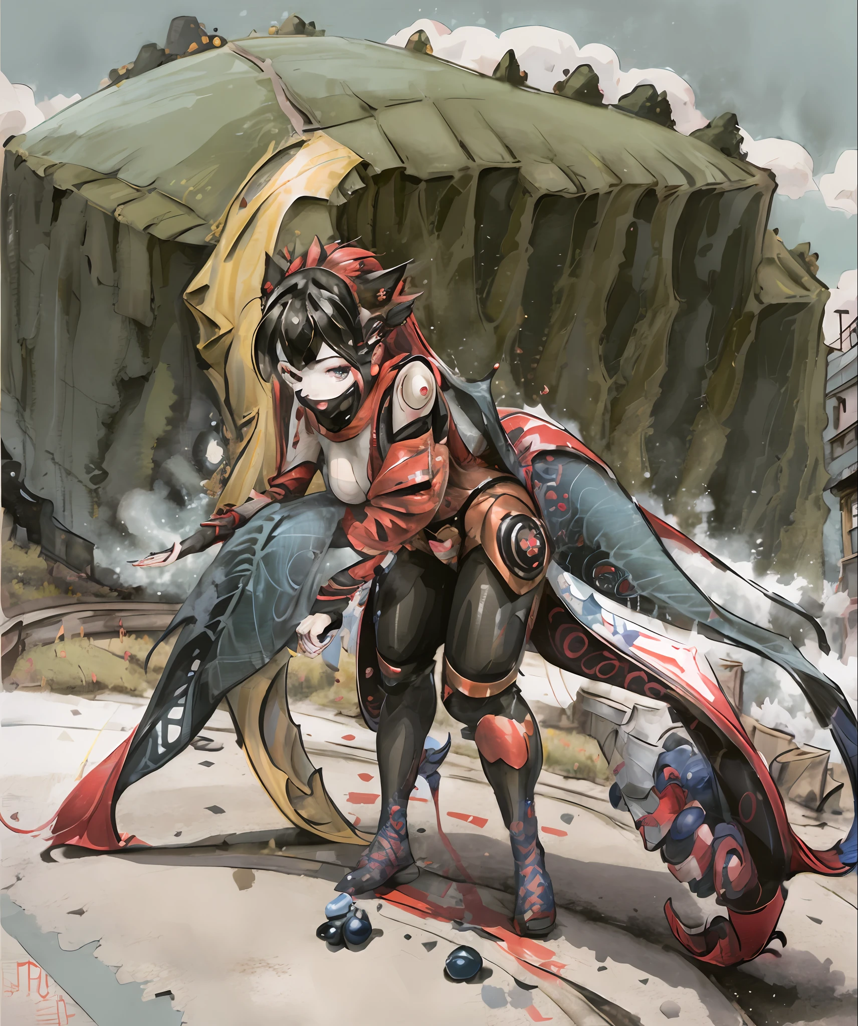 4k, realistic, carismatic, very detail, there is a girl on street, wearing nothing, she is harley queen, soft theme, red blue hair, 30 years old, full body