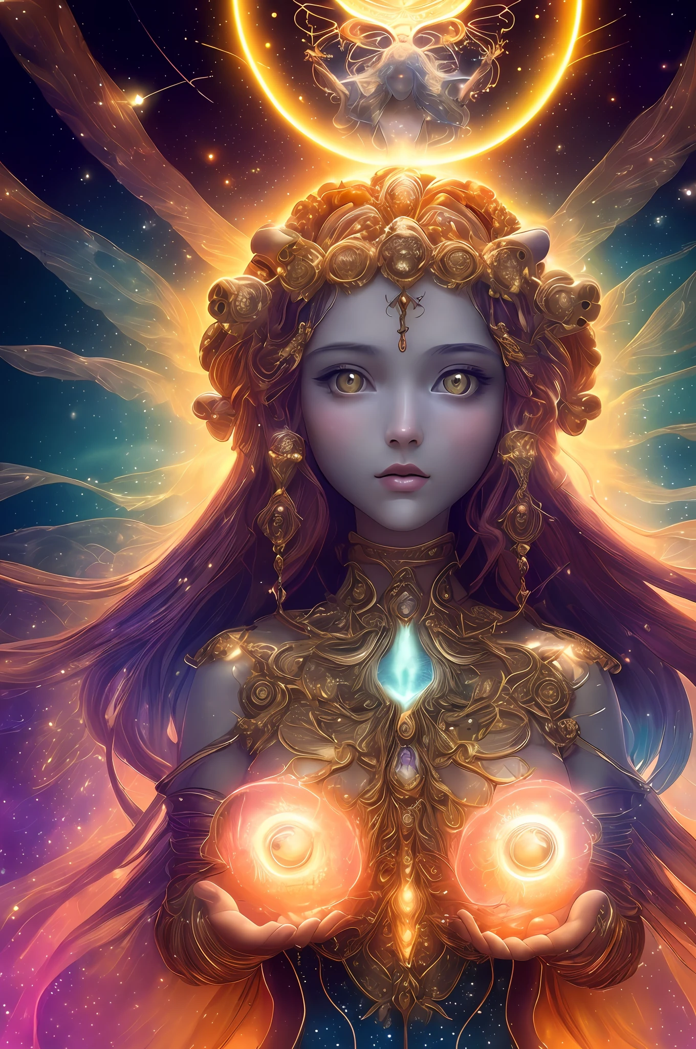 ((best quality)), ((masterpiece)), ((realistic)), portrait, 1girl, celestial, deity, goddess, light particles, halo, looking at viewer, (bioluminescent:0.95) flame, bioluminescence, phoenix, Vibrant, Colorful, Color, (Glow, Glow), (Beautiful Composition), Cinematic Lights, Intricate, (Symmetry: 0.5), Whimsical, Alien Planet