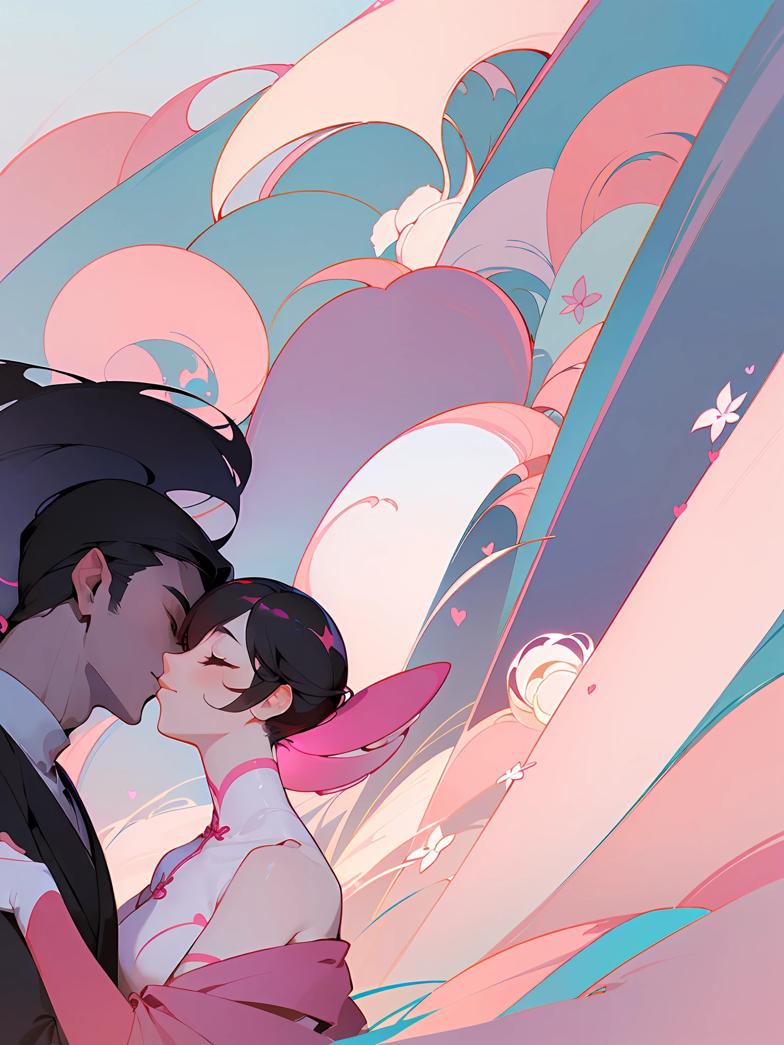 (Love), abstract painting, (Zen, Amy Sol style), (valentine's Day, flowers, handsome boy and pretty girl embracing, sunshine), light abstract cover art, simple vector art, contemporary Chinese art, pink colors, pastel palette, Layered forms, whimsical animation, style ethereal abstraction, 4K, --v6