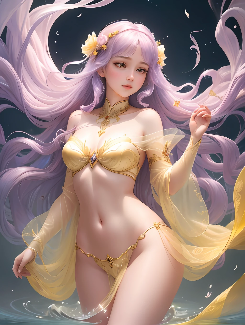 (Floating Beauty - High Res) Enter a realm of ethereal beauty with a high-resolution artwork featuring a captivating figure. This floating masterpiece captivates the viewer with its graceful presence and serene atmosphere. The meticulously crafted details, from the girl's long lilac hair (1.3) to her mesmerizing yellow eyes (1.2), add depth and allure to the composition.