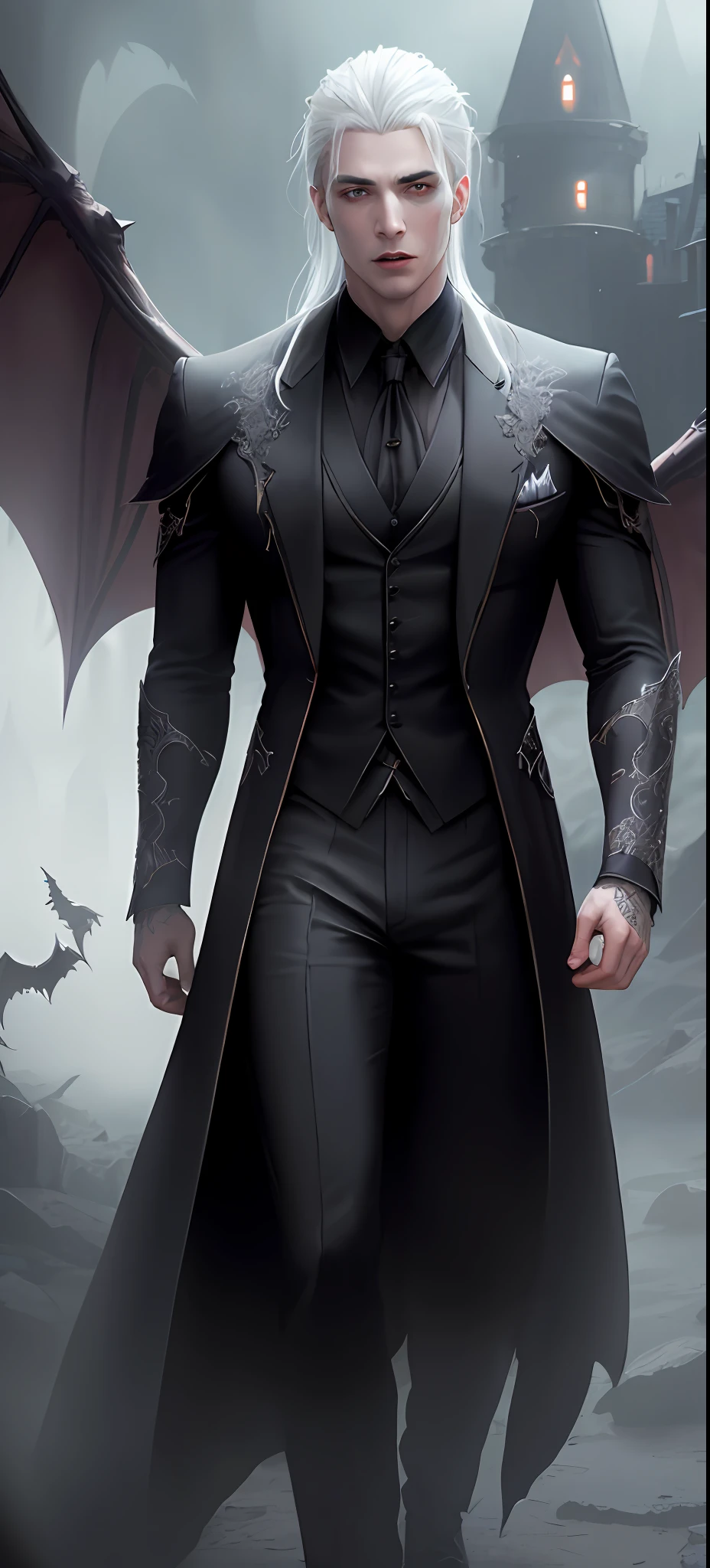 arafed male vampire with white hair and black and red clothes walking in a castle, male vampire, handsome male vampire, male vampire of clan banu haqim, dark suit, vampire lord, wearing fantasy formal clothing, clan lasombra vampire, trendin on artstation, fit Male demon with white horns, androgynous vampire, no wings, bigger hands, dark background, movie vibe