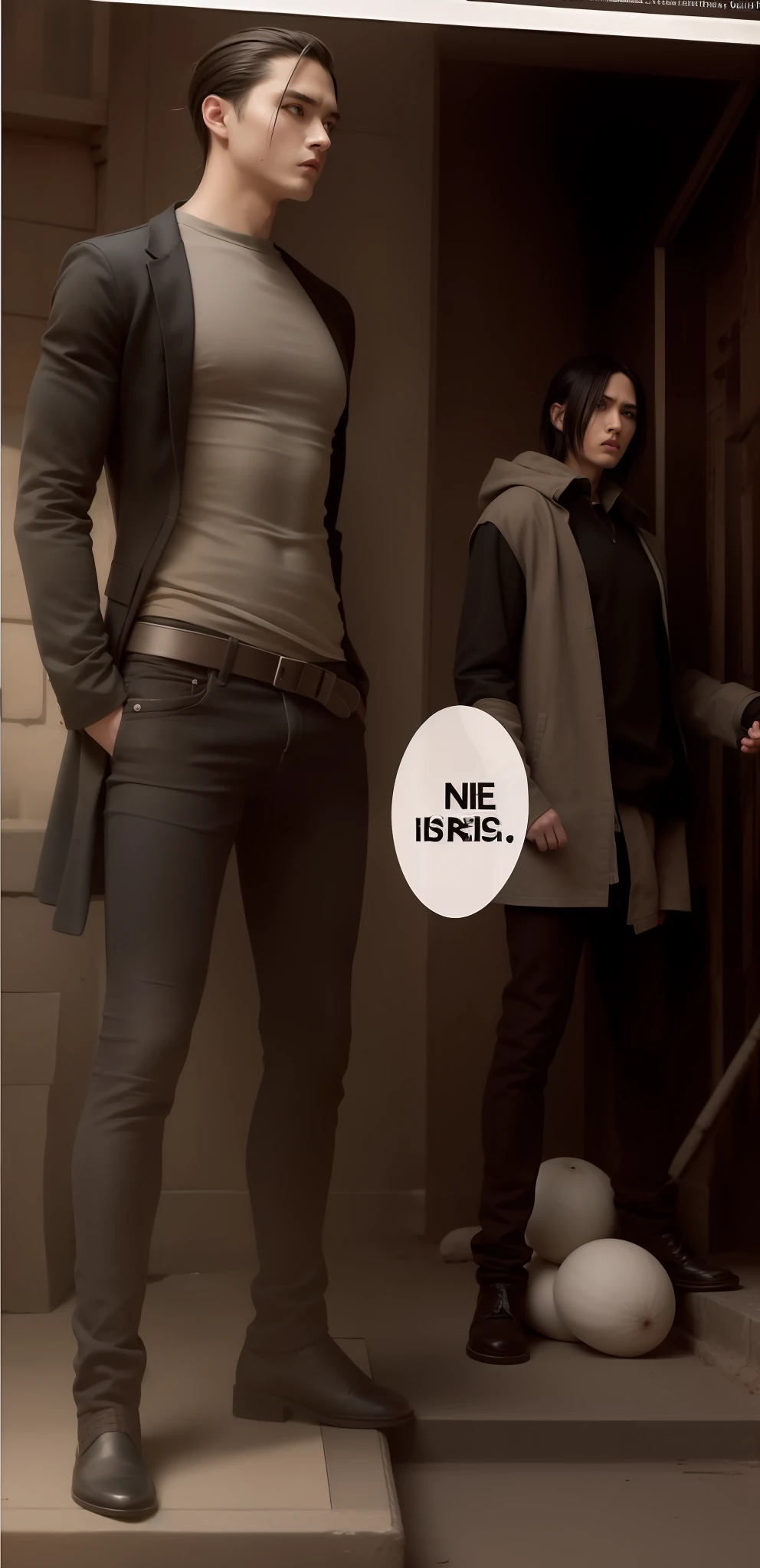 best quality, masterpiece, (realistic: 1.2), 1 man, Eren Jaeger, real life, live action, black jeans, black pants, brown hair, attack on Titan, sunset background, black jacket, slim body, high definition, high quality, manbun