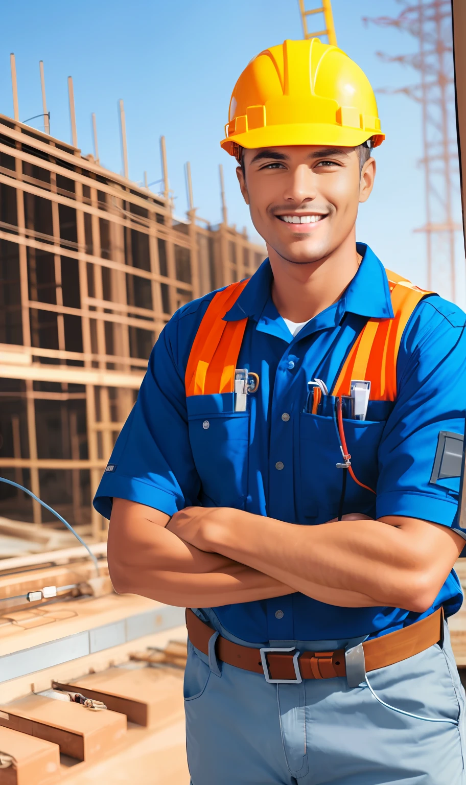 uniformed electrician, on a large construction site, holding a coil of electrical cable, smiling, looking satisfied