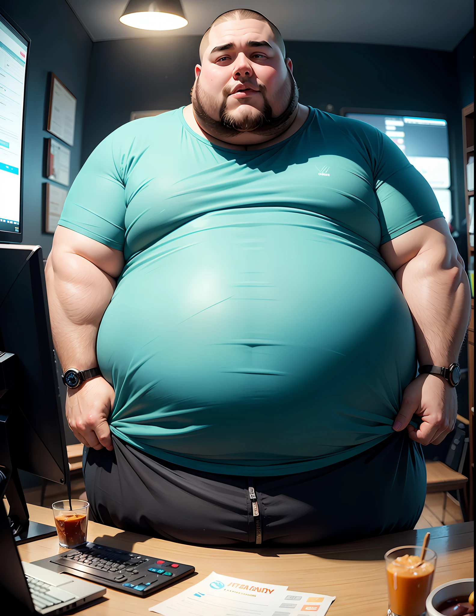 A fat fat man with a greasy belly plays games in front of the computer with a snack in his hand