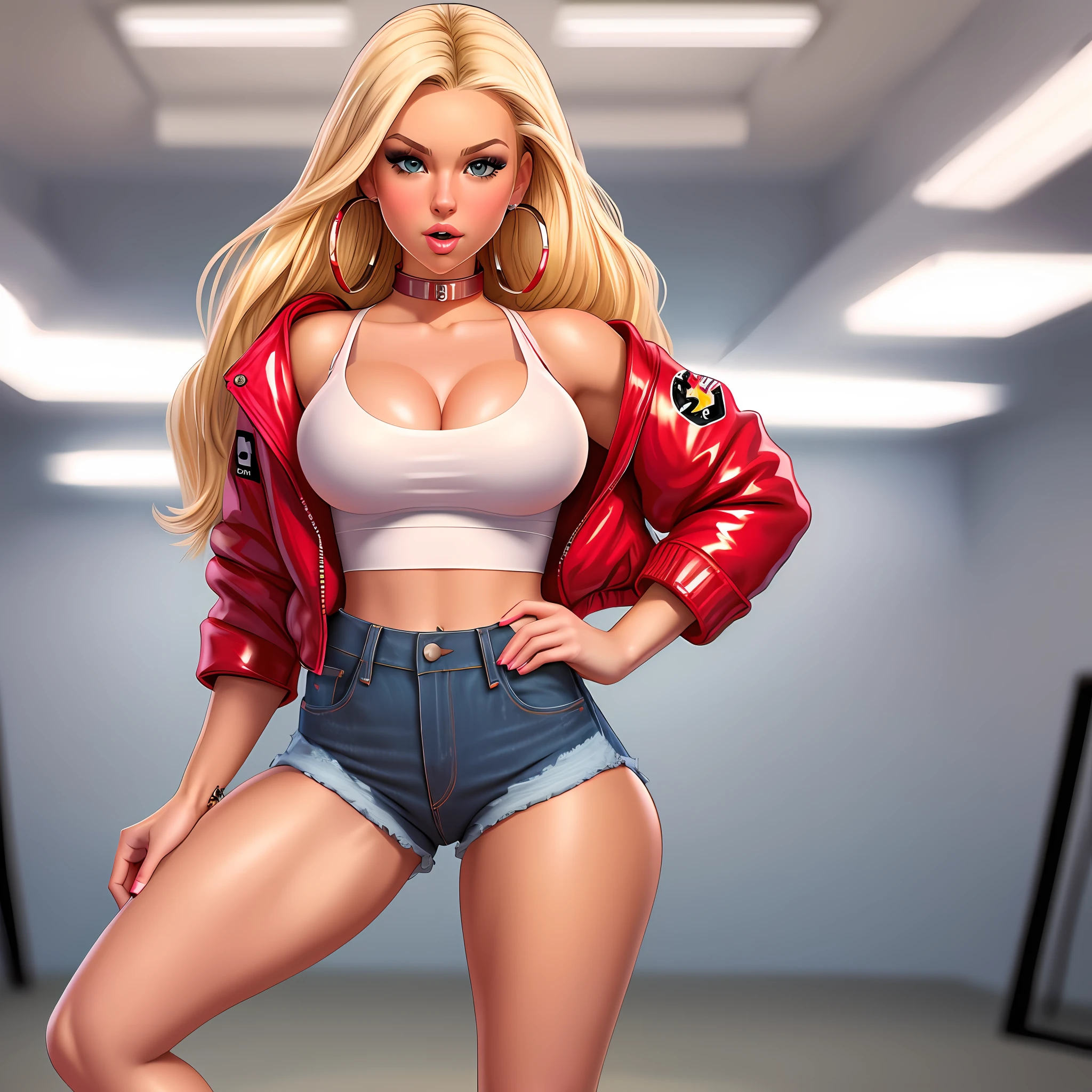analog style, woman, (thepit bimbo:1.0)), blue eyes, white crop top with text, hoop earrings, detailed, skin texture, back-length hair, blonde hair, beestung lips, full body perspective, platform heels, collar, red jacket, centered, tan skin, looking at viewer, kneesocks, 8k, highly detailed, glossy, [Nina Dobrev|Emma Stone], symmetric, realistic, photo-realistic, cleavage focus, pout, jeans shorts