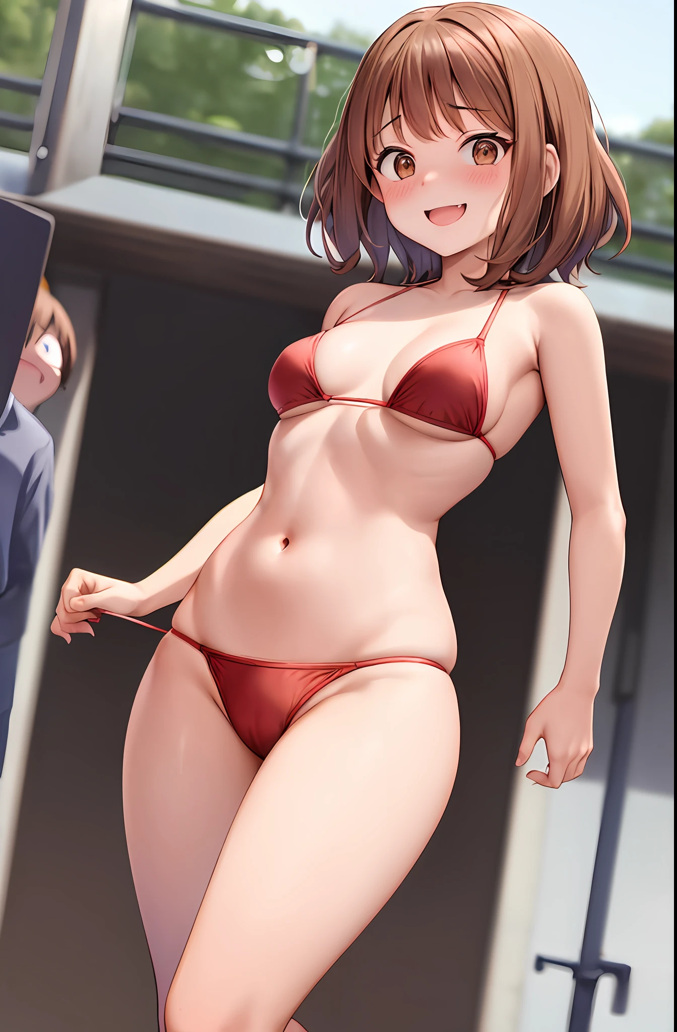 horikoshi kouhei, 1girl, :d, absurd, arms behind back, bangs, blush, boku no hero academia, breasts, brown eyes, brown hair, fengling (furin-jp), highres, looking at viewer, medium breasts, mouth open, pantyhose, bikini, short hair, sidelocks, smile, solo, standing, uraraka ochako, red from embarrassment, in public, small red bikini, micro bikini, walking in public, surrounded by people, micro bikini