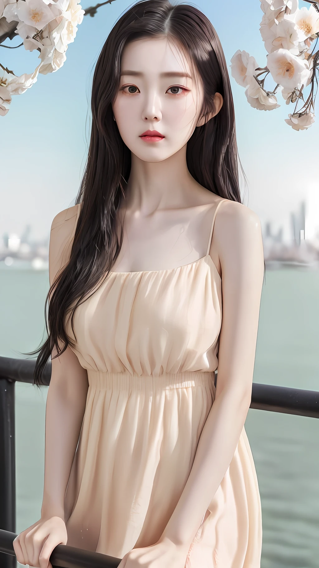 Realistic, textured skin, {best quality}, {highres}, beautiful and charming girl, 25 years old, focused, mature and delicate face, slender and charming figure, delicate and charming collarbone, shoulder-length messy hair, black hair , lively and big eyes, peach blossom single, (pale yellow dress), standing on the roof, leaning on the railing to see the distant city, {wet}, {annoyed}, bright background