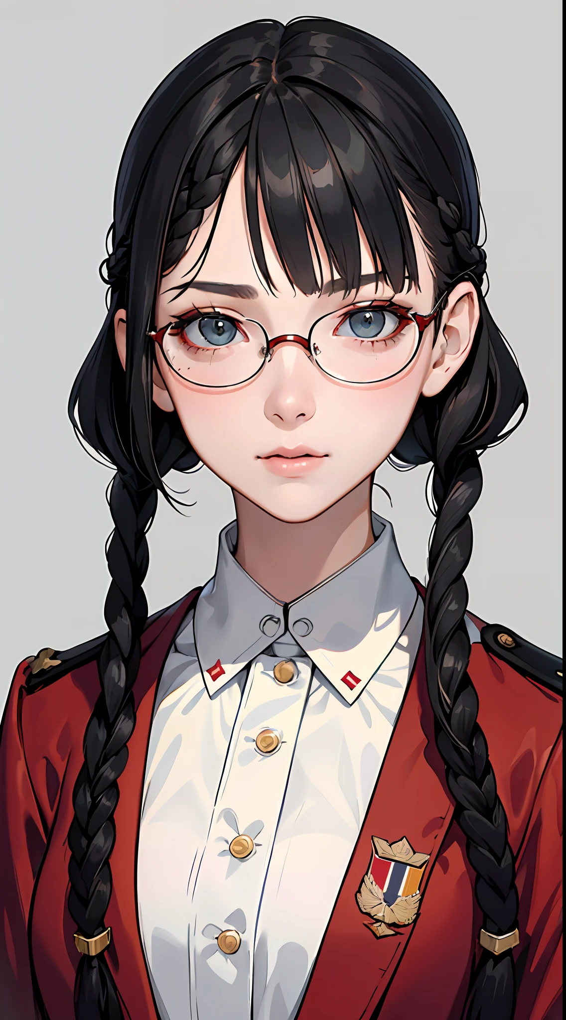 Beautifully detailed delicate face, detailed beautiful delicate eyes, perfect facial proportions, high-detailed skin, fine skin, best ratio four fingers to one thumb, masterpiece, detail High resolution, realistic, matching hair style and face shape, highest face resolution, adult, woman dressed modestly, completely dressed,( small, black hair, straight black braided hairstyle, Highest resolution double pigtails, straight bob bangs, wearing red glasses, dark green eyes), (ref. WWII German general uniform : 1.8), future world, science fiction, warship, standing on aircraft carrier, government agency, deep intelligent personality, calm expression, respectful face, war, warplane