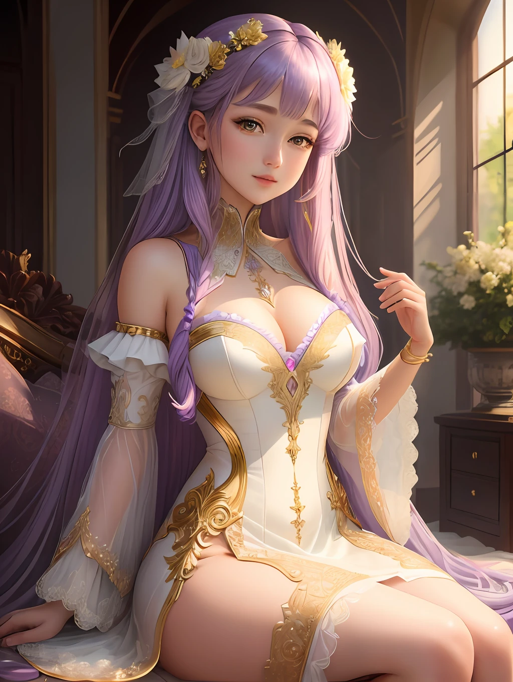 (Masterpiece - Ultra-Detailed, High-Res) Prepare to be enchanted by a true masterpiece that combines ultra-detailed artistry with high-resolution rendering. This artwork showcases a mesmerizing girl with long lilac hair (1.3) and captivating yellow eyes (1.2), emanating an aura of elegance and mystery. The intricate details and lifelike textures invite you to explore every aspect of this enchanting composition. Get ready to be immersed in a world where beauty and craftsmanship merge seamlessly.