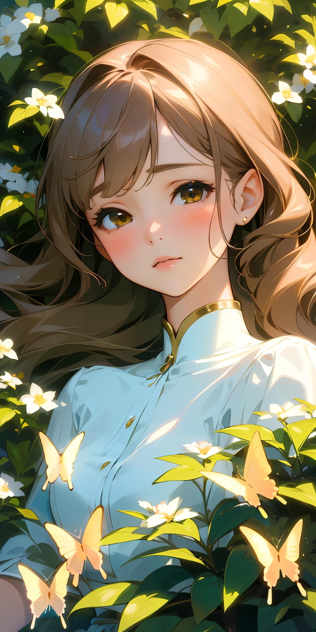 (best quality, masterpiece, ultra-realistic), portrait of 1 beautiful and delicate girl, with a soft and peaceful expression, the background scenery is a garden with flowering bushes and butterflies flying around.