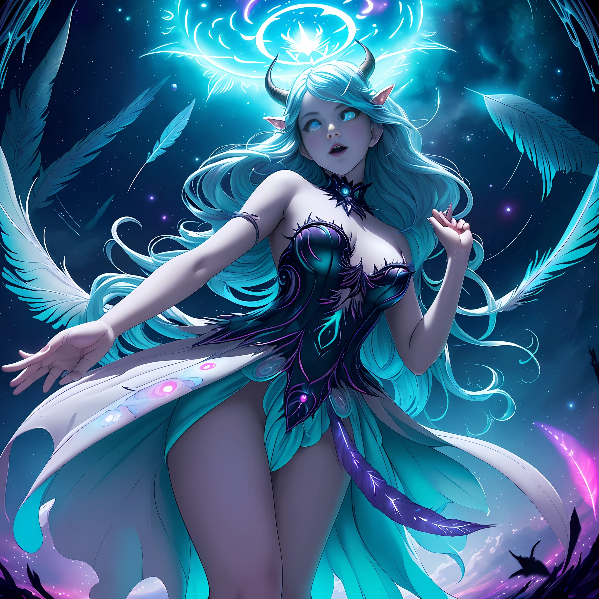 ((best quality)), ((masterpiece)), ((realistic)), full body portrait, {tanned skin}, {lillith}, 1girl, (((celestial))), deity, {devil horns}, {delicate and beautiful gothic ball gown}, {teifling goddess}, light particles, halo, looking at viewer, (bioluminescent:0.95) ocean, bioluminescent, piercing glare, celestial bioluminescent eyes, vibrant, (((colourful))), color, (glowing, glow), (beautiful composition), cinematic lighting, intricate, (symmetrical:0.5), whimsical, {fisheye lens}, ((angle from below)), (((fisheye lens))), (((corrupted celestial feathers falling in background))), {hair flowing majestically in the wind}, ((age 24)), ahegao, (((age 32 face))), ((slender delicate face)), ((hands frantically reaching toward viewer)), ((seductive plot)), (((psychotic:evil expression))), (((murderous plot)))