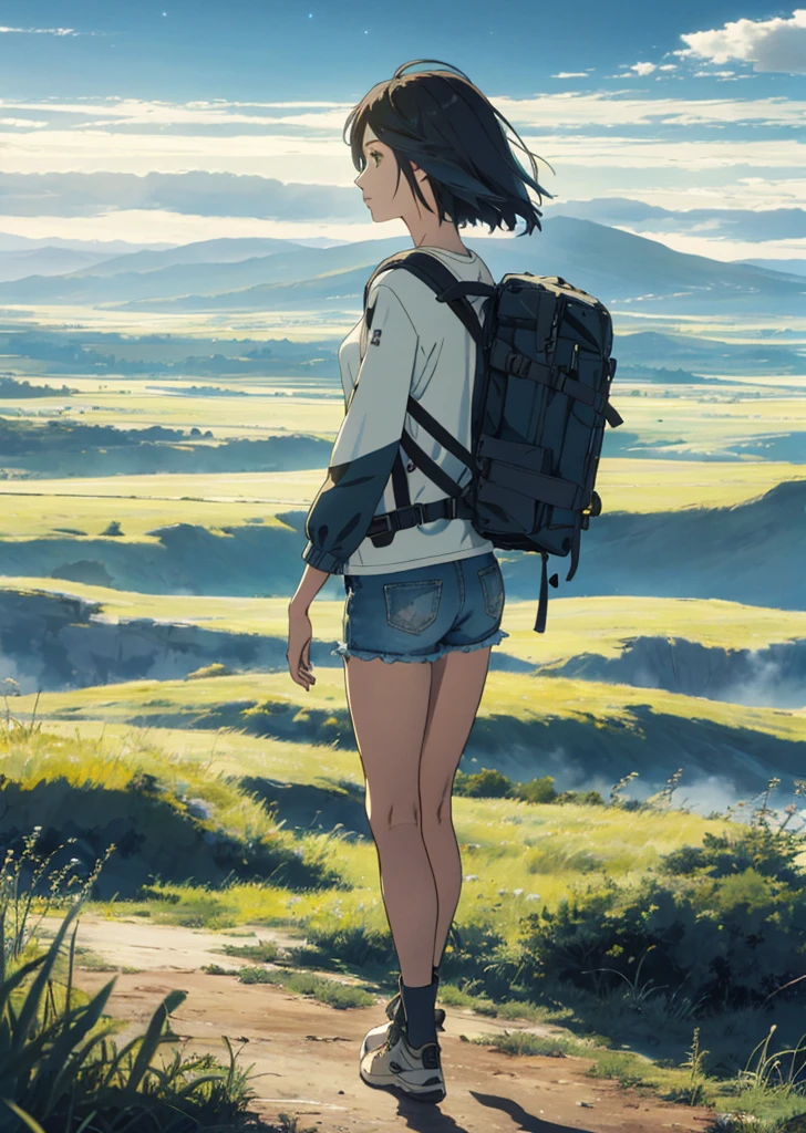 The vast sky, beautiful skyline, large grasslands, extremely tense and dramatic pictures, moving visual effects, the high-hanging Polaris, and colorful natural light. A long-sleeved top, denim shorts, and a girl with a backpack.