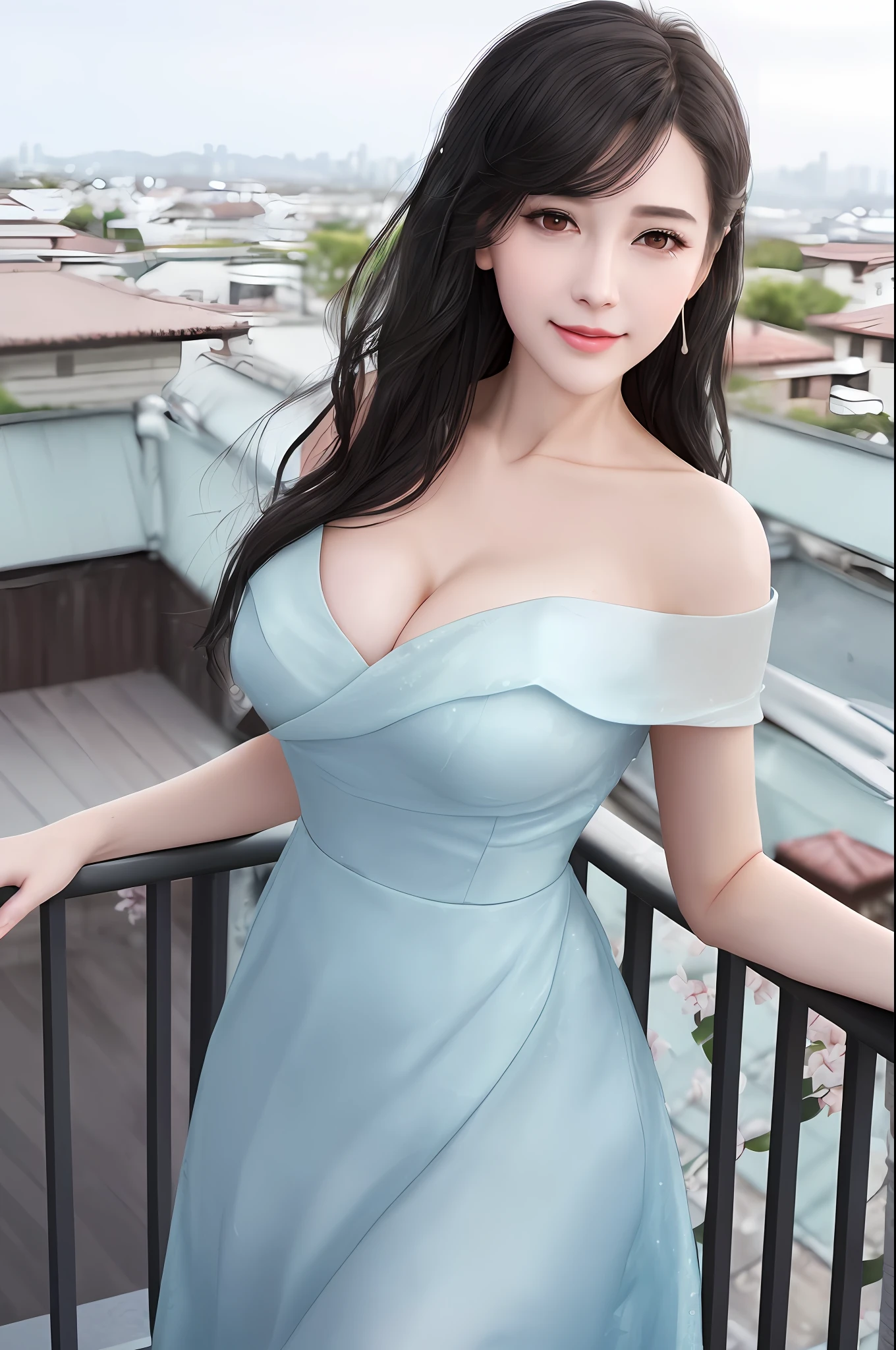 Realistic, textured skin, {best quality}, {highres}, beautiful and charming girl, 25 years old, focused, mature and delicate face, smiling, slender and charming figure, delicate and charming collarbone, messy shoulders Hair, black hair, bright peach blossom eyes, pink lipstick, double eyelids, deep cleavage, (sky blue dress), standing on the roof, leaning on the railing to see the distant city, {wet}, {annoyed}, bright background