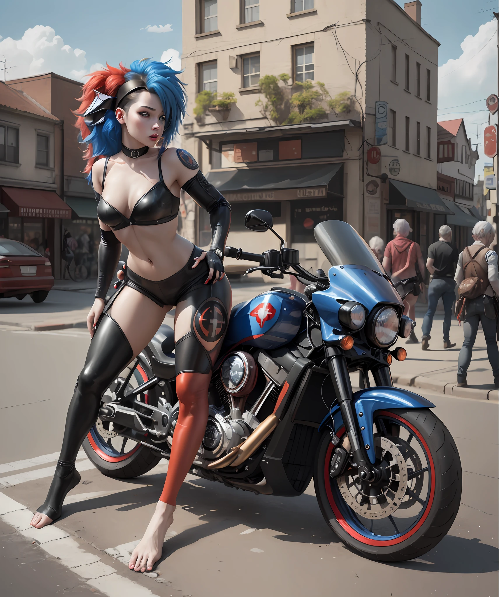 4k, realistic, carismatic, very detail, there is a girl on street, wearing nothing, she is harley queen, soft theme, red blue hair, 30 years old, full body
