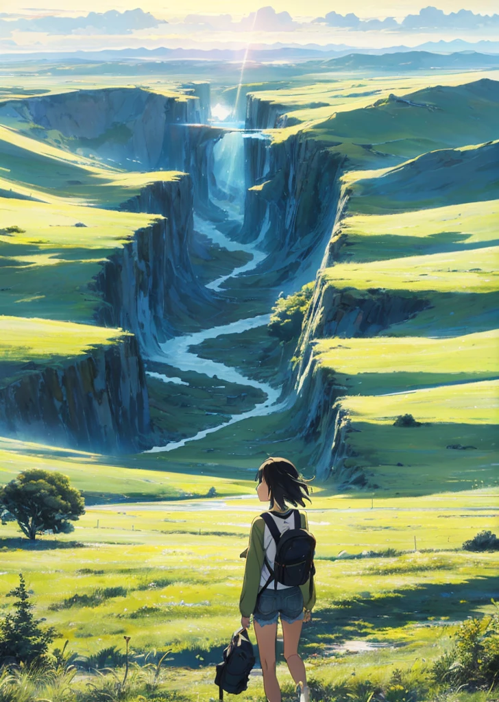 The vast sky, beautiful skyline, large grasslands, extremely tense and dramatic pictures, moving visual effects, the high-hanging Polaris, and colorful natural light. A long-sleeved top, denim shorts, and a girl with a backpack.