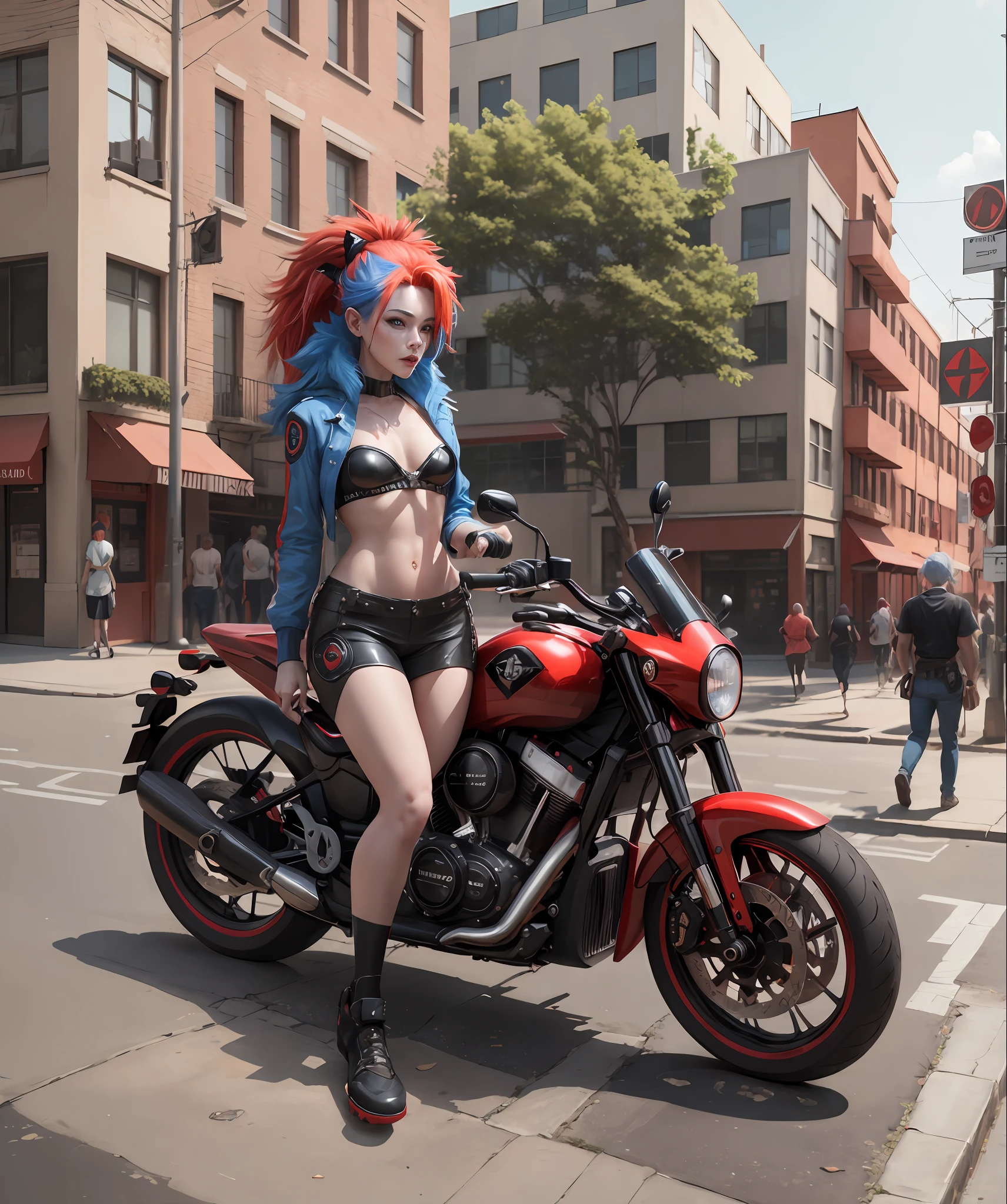 4k, realistic, carismatic, very detail, there is a girl on street, wearing nothing, she is harley queen, soft theme, red blue hair, 30 years old, full body