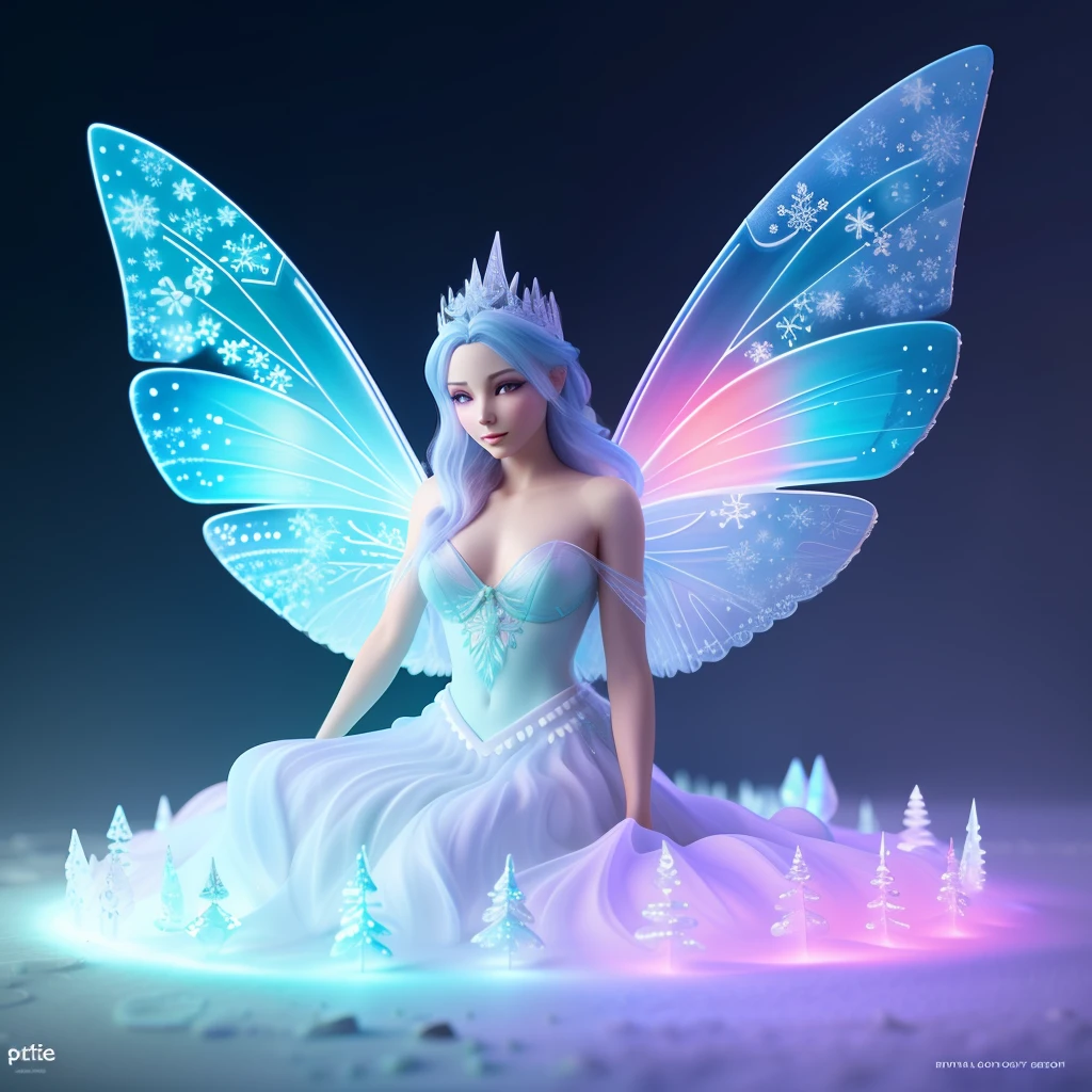 Product render poster of a fairy, winter, ice, vivid colors glowing fog intricate, elegant, highly detailed, digital painting, artstation, concept, art, smooth, sharp focus, illustration