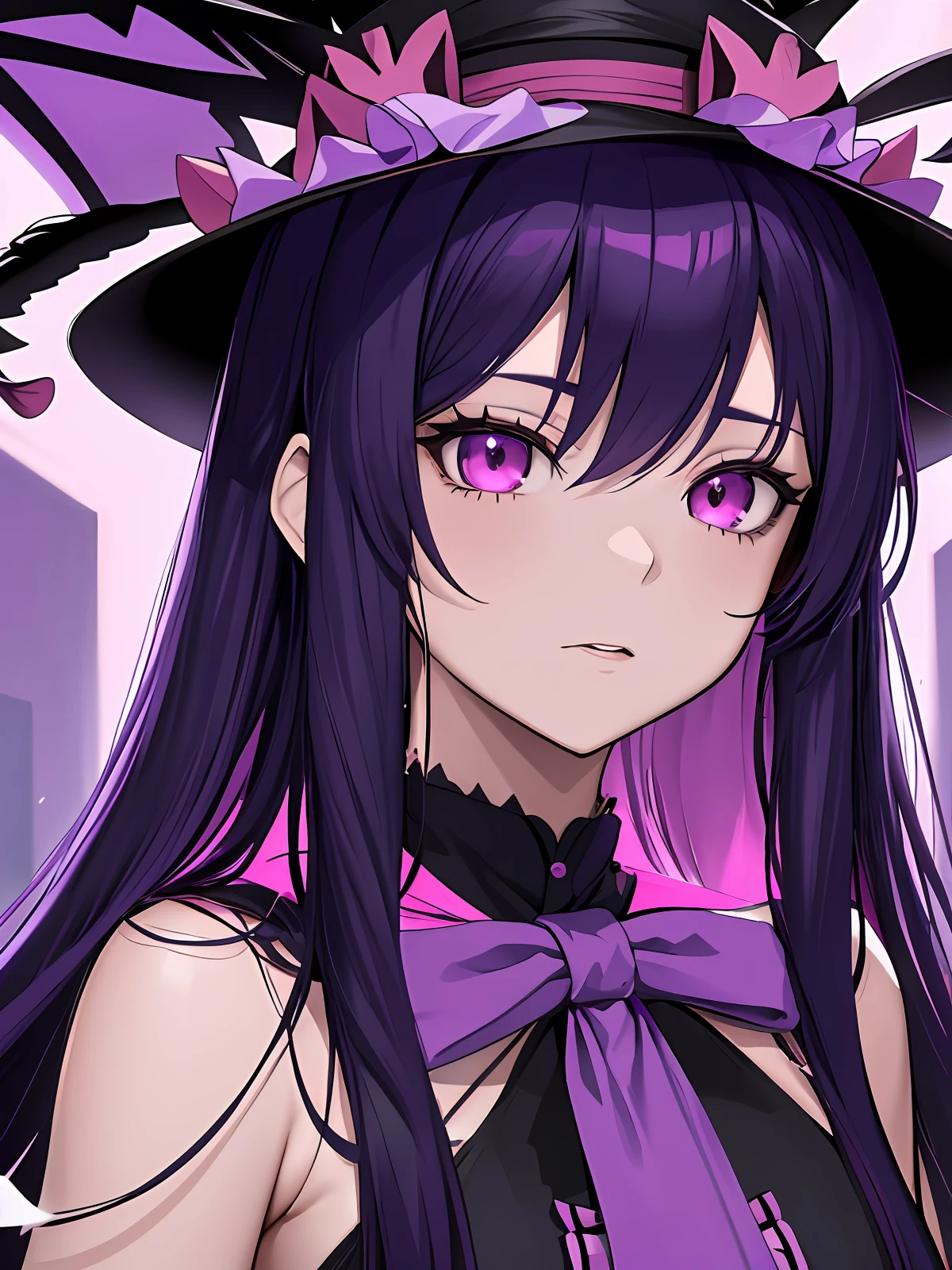 a close up of a person with long purple hair and a hat, portrait gapmoe yandere grimdark, anime moe artstyle, gapmoe yandere grimdark, hana yata, misato katsuragi, hajime yatate, violet and black, gothic maiden anime girl, inspired by Okumura Masanobu
