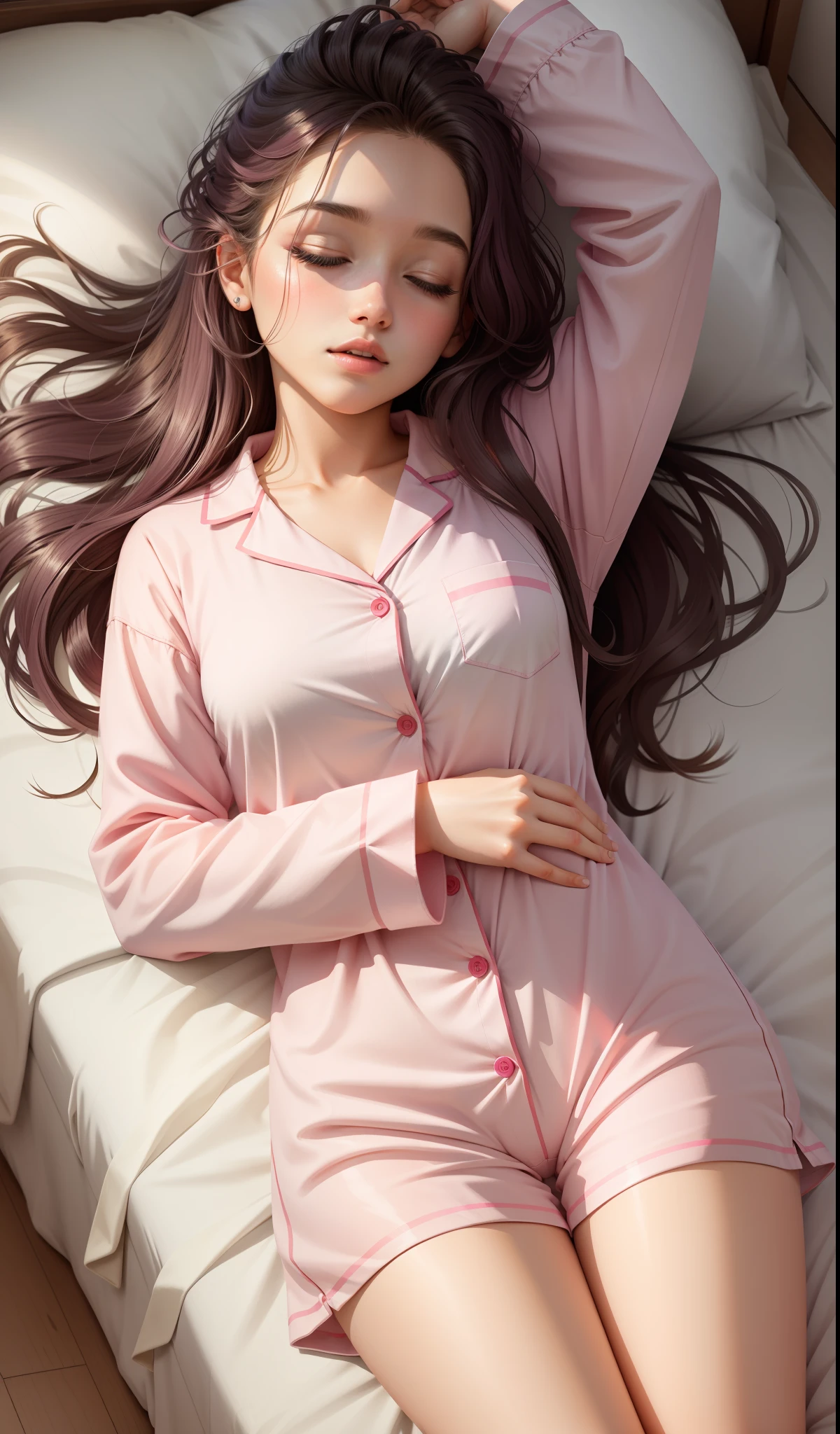 Sleeping girl, 22 years old, realistic, she is wearing pink pajama