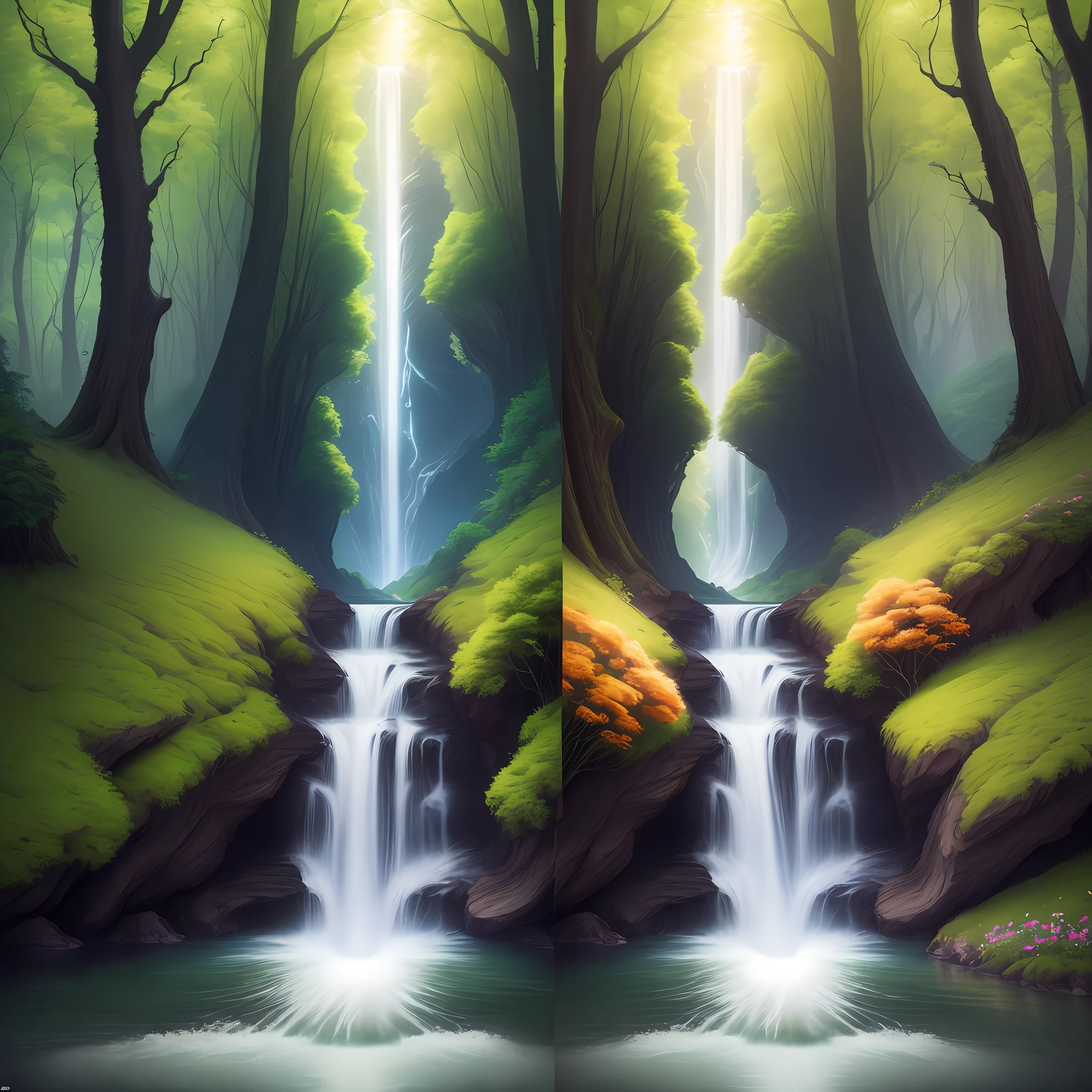 create an image of nature being one side day and the other night, with lots of vegetation, rivers, flowers, animals, Surrealism, Futurism, jpeg artifacts, cinematic lighting, border, top, Ultra-Wide Angle, textured skin, 8k, best quality , super detail