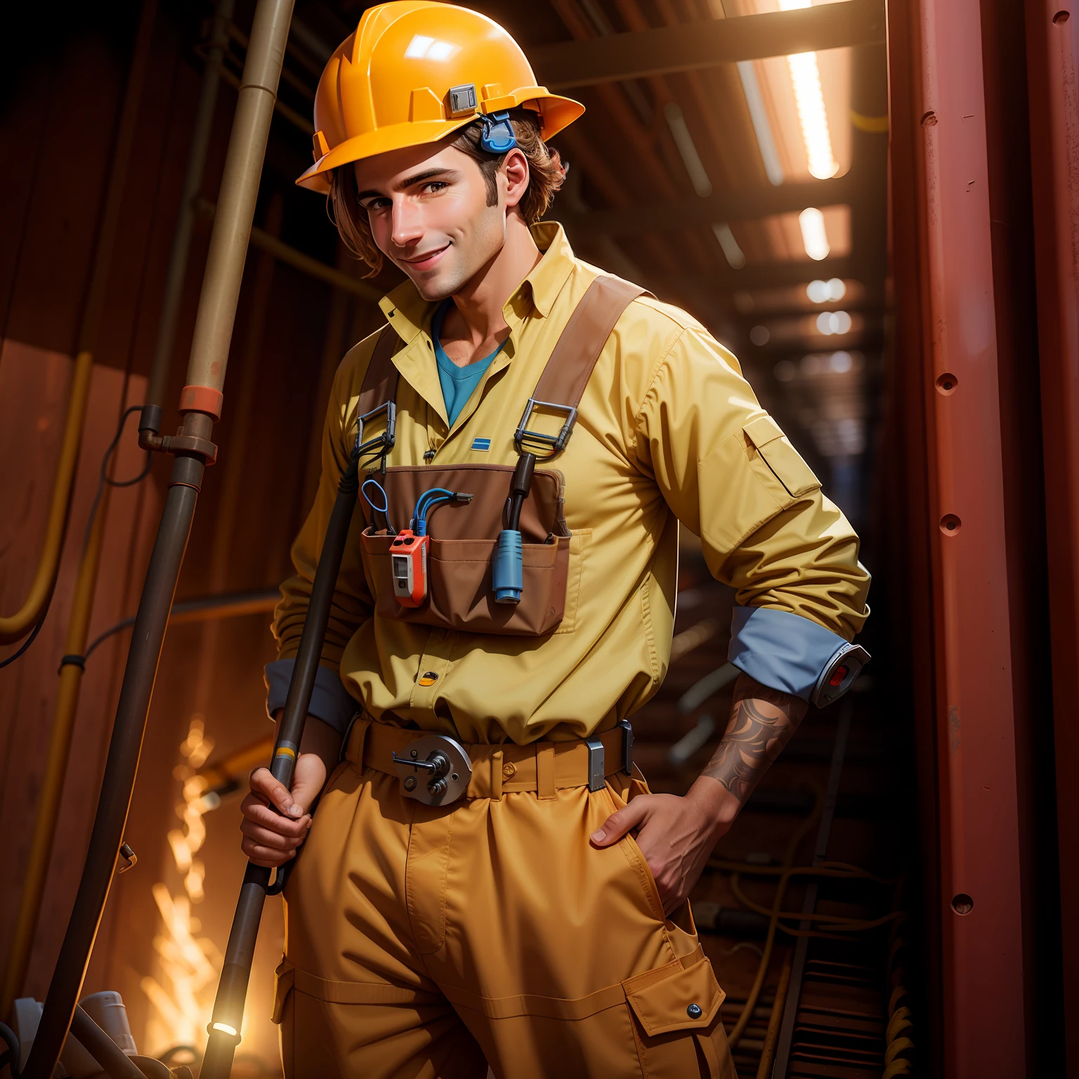 uniformed electrician, on a large construction site, holding a coil of electrical cable, smiling, looking satisfied
