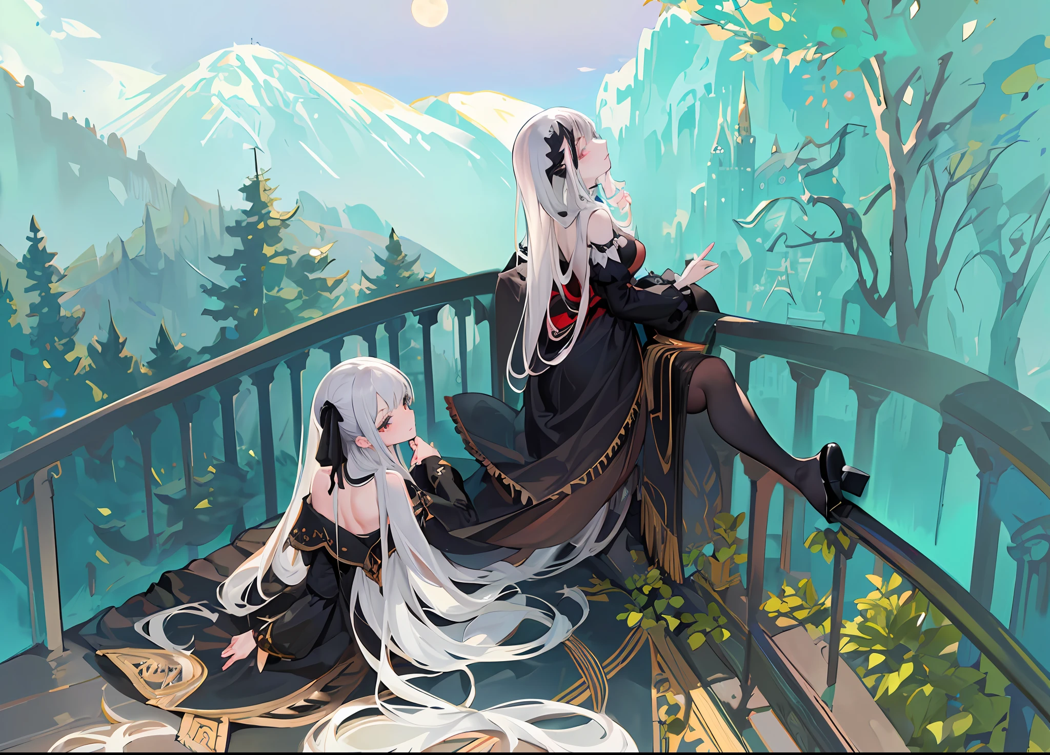 (best quality:1.3),(masterpiece:1.1),(illustration:1.2),(ultra-detailed:1.2),beautiful detailed eyes,(Gothic:1.2),
(Extremely detailed background:1.1),(forest:1.2),(mountain), night, moon,castle on the distant mountain,
(bent over:1.3),(butt:1.2),looking back, (raise butt:1.2),(close to the butt:1.3),
(1girl in Balcony:1.4),Balustrades on balcony,(wariza:1.2),(sitting:1.3)
(1girl:1.3),(solo:1.3),(white hair),(long hair:1.1),full body,black stocking,
tulle,dress,Bodysuit,back cutout,clothing cutout,