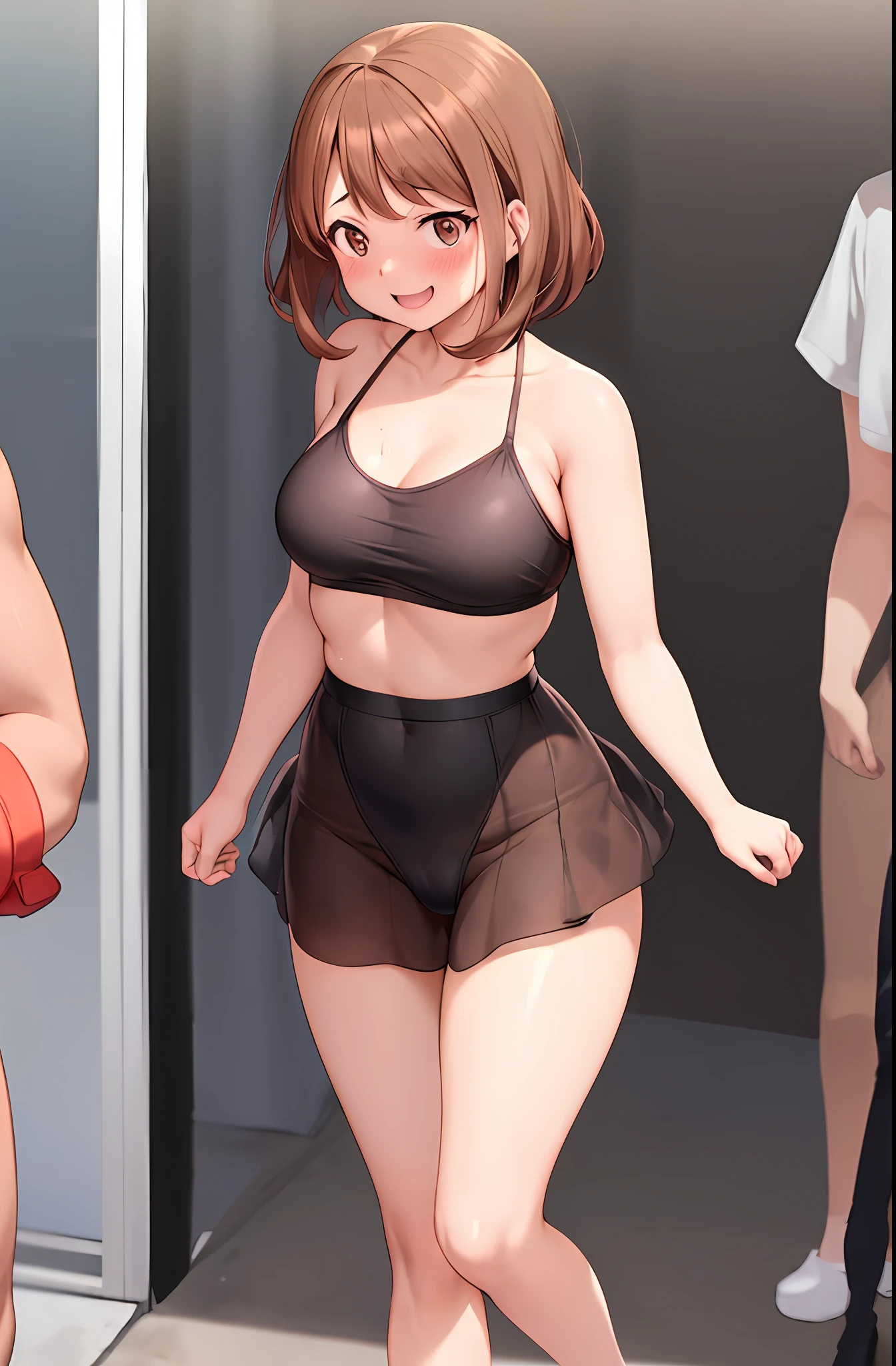 horikoshi kouhei, 1girl, :d, absurd, arms behind back, bangs, blush, boku no hero academia, breasts, brown eyes, brown hair, fengling (furin-jp), highres, looking at viewer, medium breasts, mouth open, pantyhose, bikini, short hair, sidelocks, smile, solo, standing, uraraka ochako, red from embarrassment, in public, small red bikini, micro bikini, walking in public, surrounded by people, micro bikini