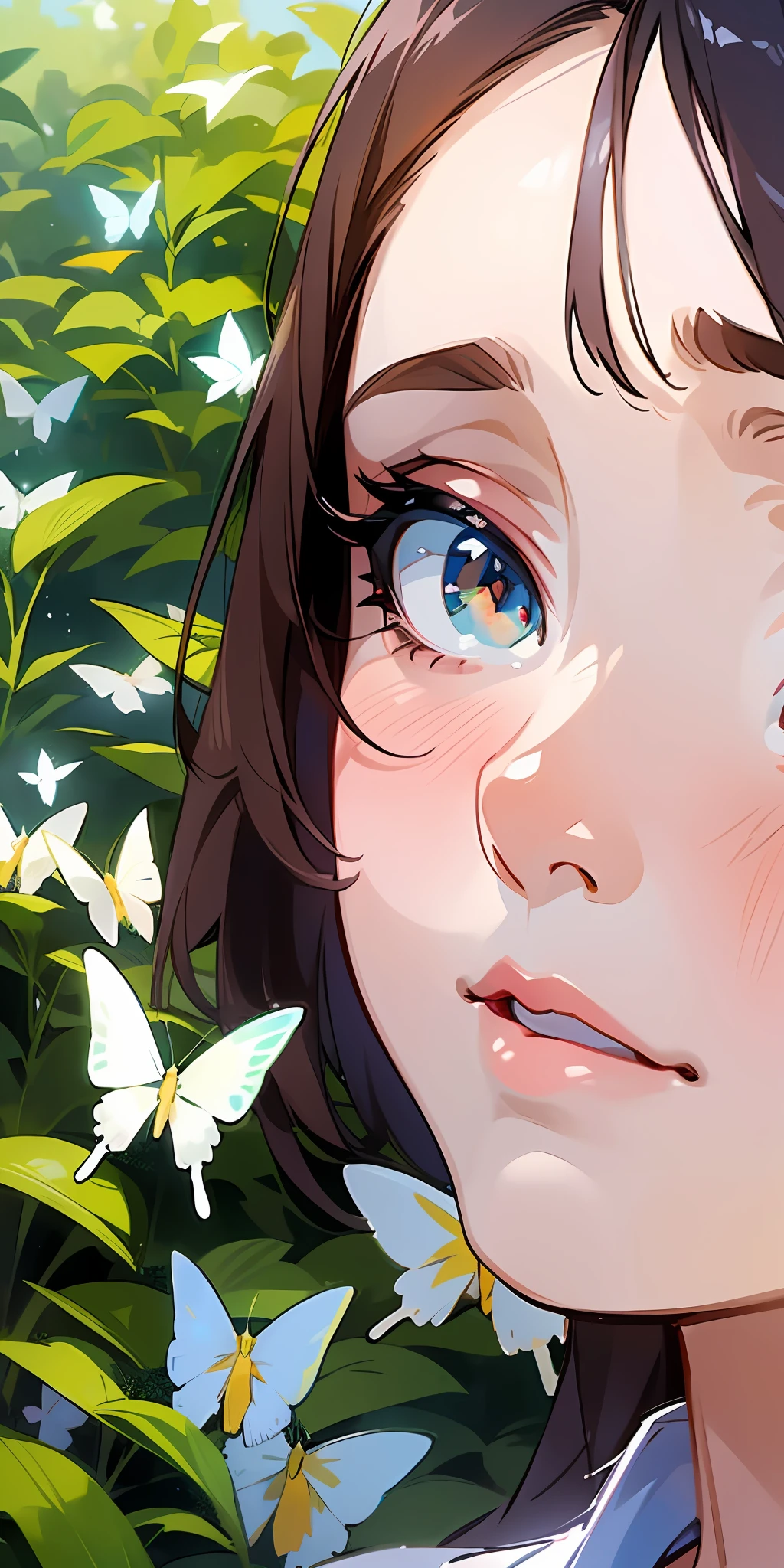 (best quality, masterpiece, ultra-realistic), 1 beautiful delicate portrait of a girl with a soft and peaceful expression, the background scenery is a garden with flowers and butterflies flying around. --v6