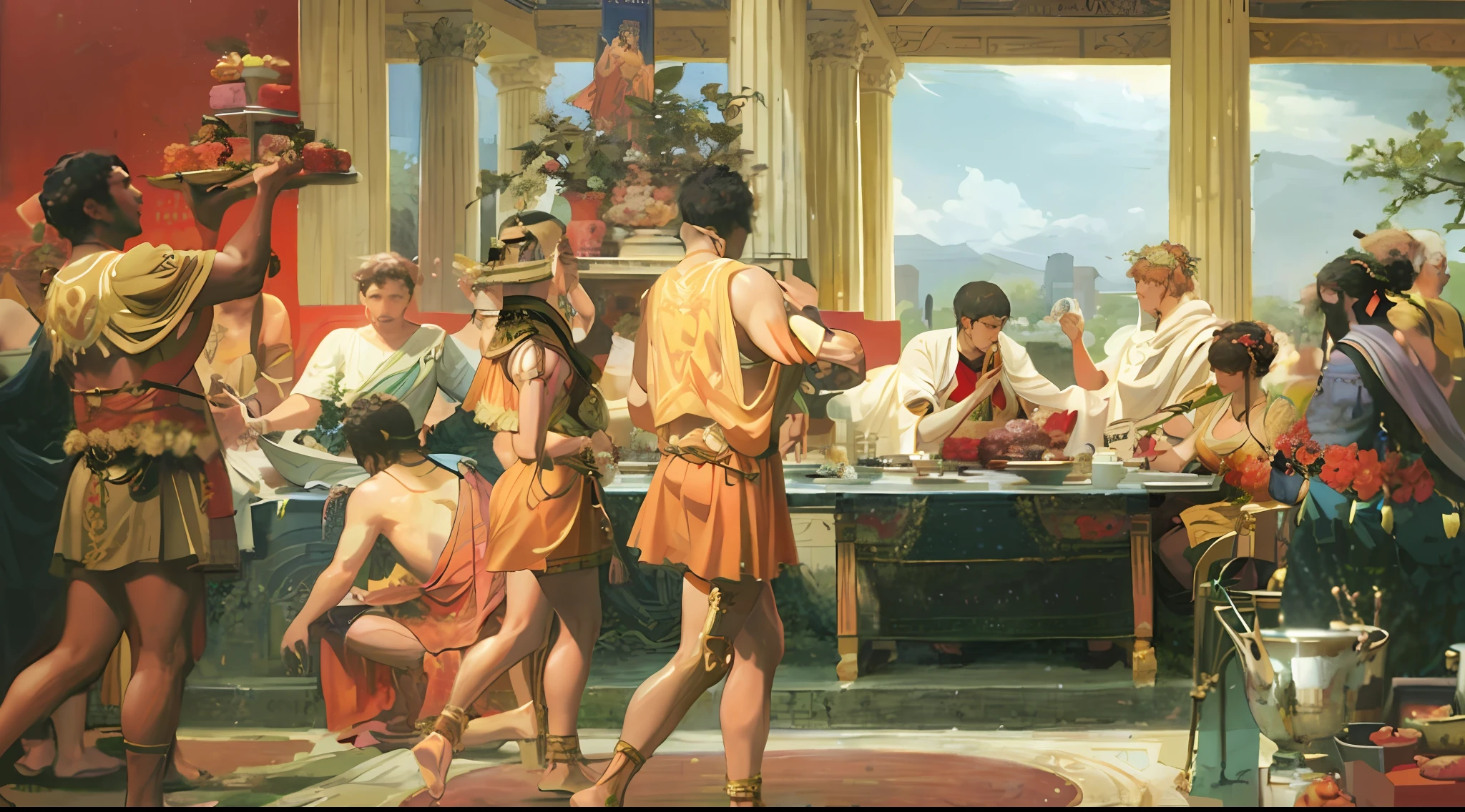 a painting of a group of people standing around a table, by Pogus Caesar, ancient roman style, roman style, tadema, by Gustave Boulanger, roman toga, ancient roman painting, market in ancient rome, by Joseph Raphael, inspired by Pogus Caesar, palatial scene, caesar, neoclassical painting, neo-classical painting
