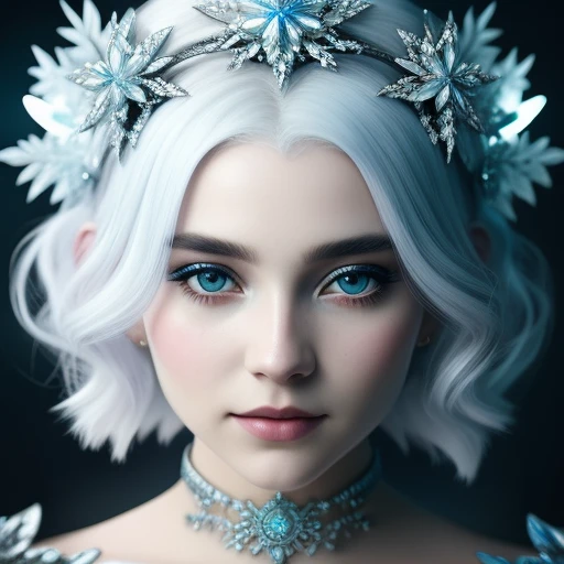 Woman with platinum hair, in a dress of ice flowers, a beautiful crown on her head, detailed face, detailed skin, front, background frozen forest, cover, unzoom, choker, hyperdetailed painting, luminism, bar lighting, complex, 4k resolution concept art portrait by greg rutkowski, artgerm, wlop, alphonse mucha, little fusion pojatti realistic goth, fractal isometrics details bioluminescens : a stunning realistic photograph 30 years