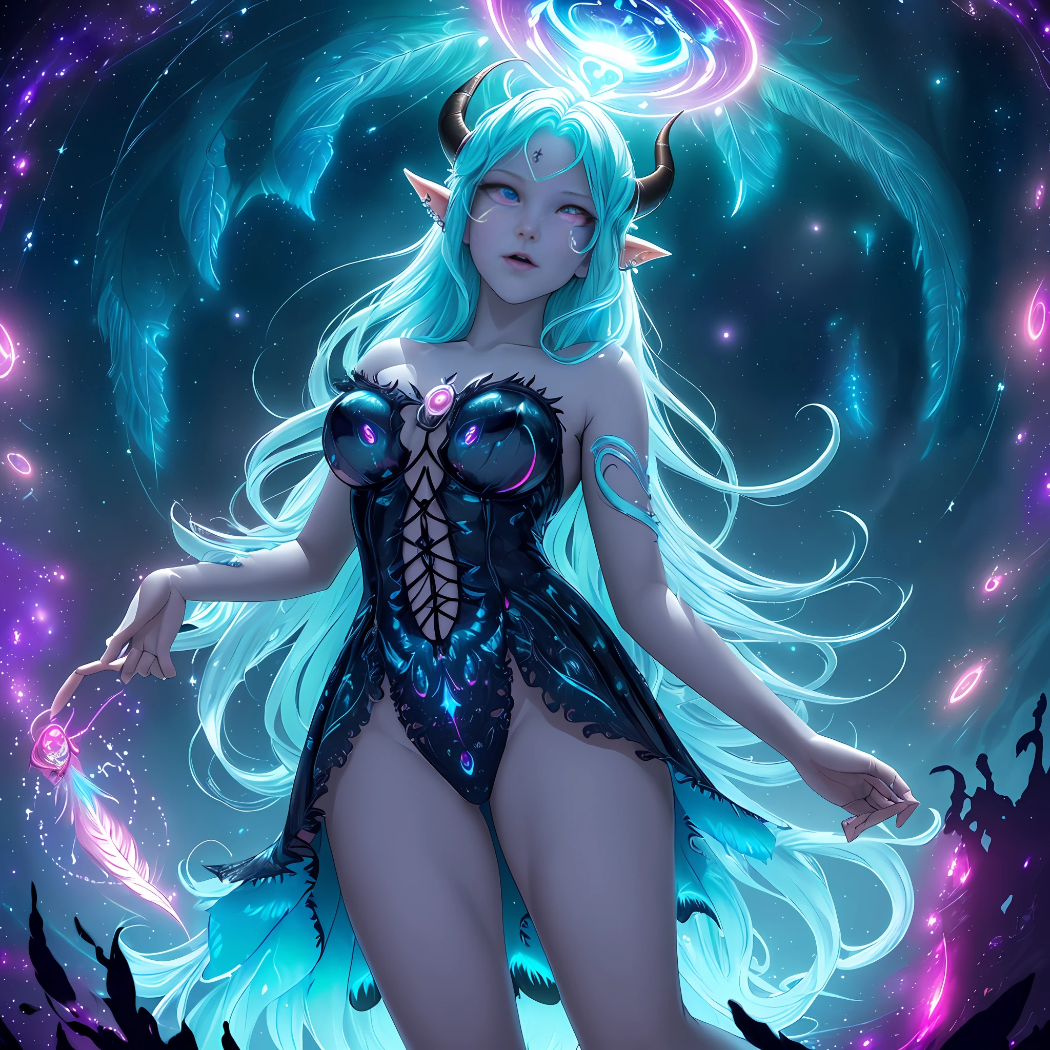 ((best quality)), ((masterpiece)), ((realistic)), full body portrait, {tanned skin}, {lillith}, 1girl, (((celestial))), deity, {devil horns}, {delicate and beautiful gothic ball gown}, {teifling goddess}, light particles, halo, looking at viewer, (bioluminescent:0.95) ocean, bioluminescent, piercing glare, celestial bioluminescent eyes, vibrant, (((colourful))), color, (glowing, glow), (beautiful composition), cinematic lighting, intricate, (symmetrical:0.5), whimsical, {fisheye lens}, ((angle from above)), (((corrupted celestial feathers falling in background))), {hair flowing majestically in the wind}, ((age 24)), ahegao, (((age 32 face))), ((slender delicate face)), ((hands frantically reaching toward viewer)), ((seductive plot)), (((psychotic:evil expression))), (((murderous plot))), {Meteor shower lighting scene}
