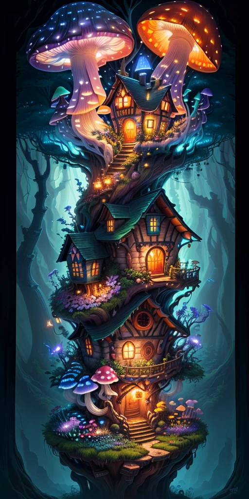 (Swirling clouds and colorful flowers), (forest fireflies fantasy mushroom house), (midnight), (Irregular), (mysterious), (ridiculous), dreamy, disney, painted by Thomas Kincaid, artstation, sharp focus, inspiring 8k wallpaper,