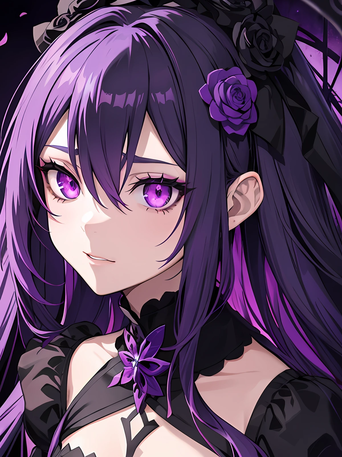 a close up of a person with long purple hair, purple eyes, portrait gapmoe yandere grimdark, anime moe artstyle, gapmoe yandere grimdark, violet and black, gothic maiden anime girl, black dresses, flower petal in ear