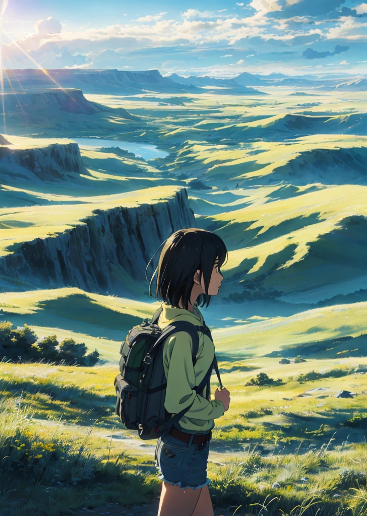 The vast sky, beautiful skyline, large grasslands, extremely tense and dramatic pictures, moving visual effects, the high-hanging Polaris, and colorful natural light. A long-sleeved top, denim shorts, and a girl with a backpack.