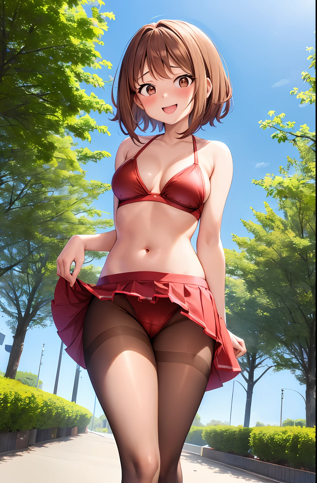 horikoshi kouhei, 1girl, :d, absurd, arms behind back, bangs, blush, boku no hero academia, breasts, brown eyes, brown hair, fengling (furin-jp), highres, looking at viewer, medium breasts, mouth open, pantyhose, bikini, short hair, sidelocks, smile, solo, standing, Uraraka ochako, red from embarrassment, in public, small red bikini, micro bikini, walking in public, surrounded by people, micro bikini, many people, cum in the breasts, showing the belly