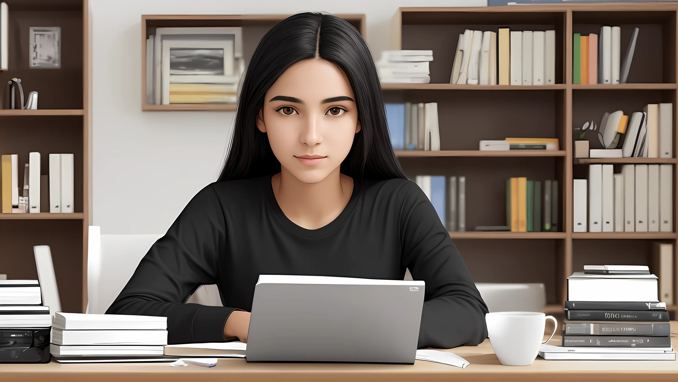 "Drawing spell: Realistic portrait of a young Brazilian woman with Latin features. She's 20 years old, 1.60m tall, and weighs 55kg. She has a round face, white skin, black eyes, and long, straight, black hair. She's wearing a white t-shirt and is studying at a desk in a small office, looking down at a notebook. The office has a bookshelf filled with books, a professional camera, and a silver laptop."