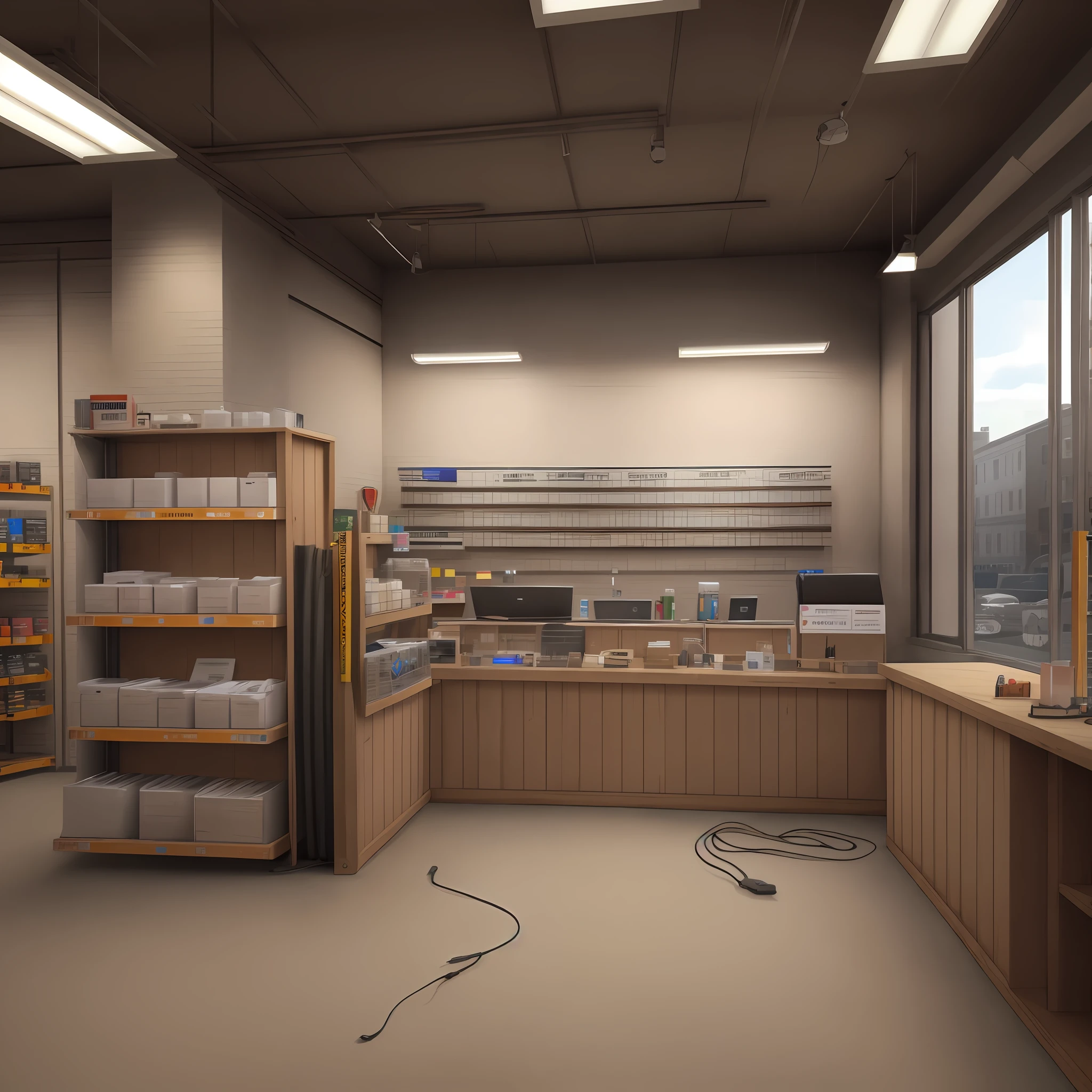 Hyper realistic photo of a construction materials store with a sales counter full of Electrical Wires and Cables.