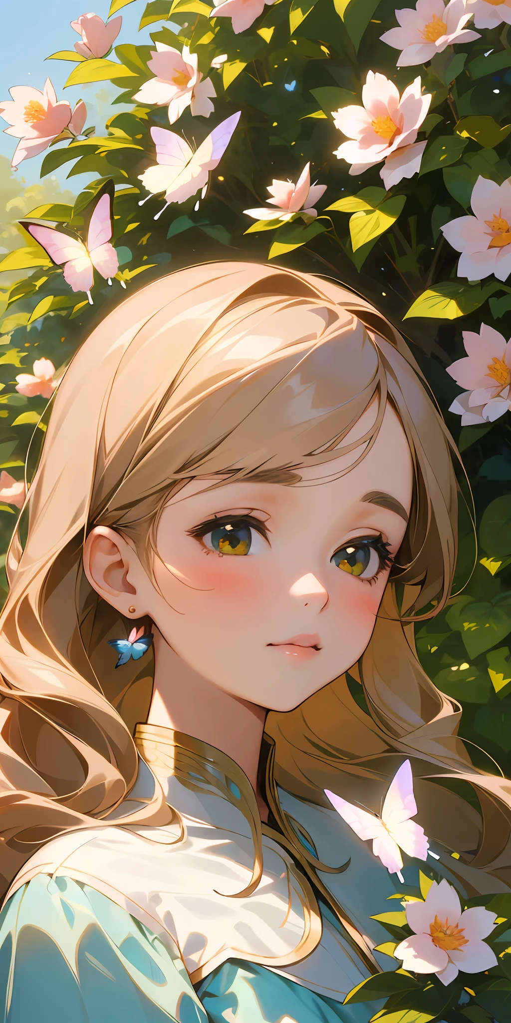 (best quality, masterpiece, ultra-realistic), portrait of 1 beautiful and delicate girl, with a soft and peaceful expression, the background scenery is a garden with flowering bushes and butterflies flying around.